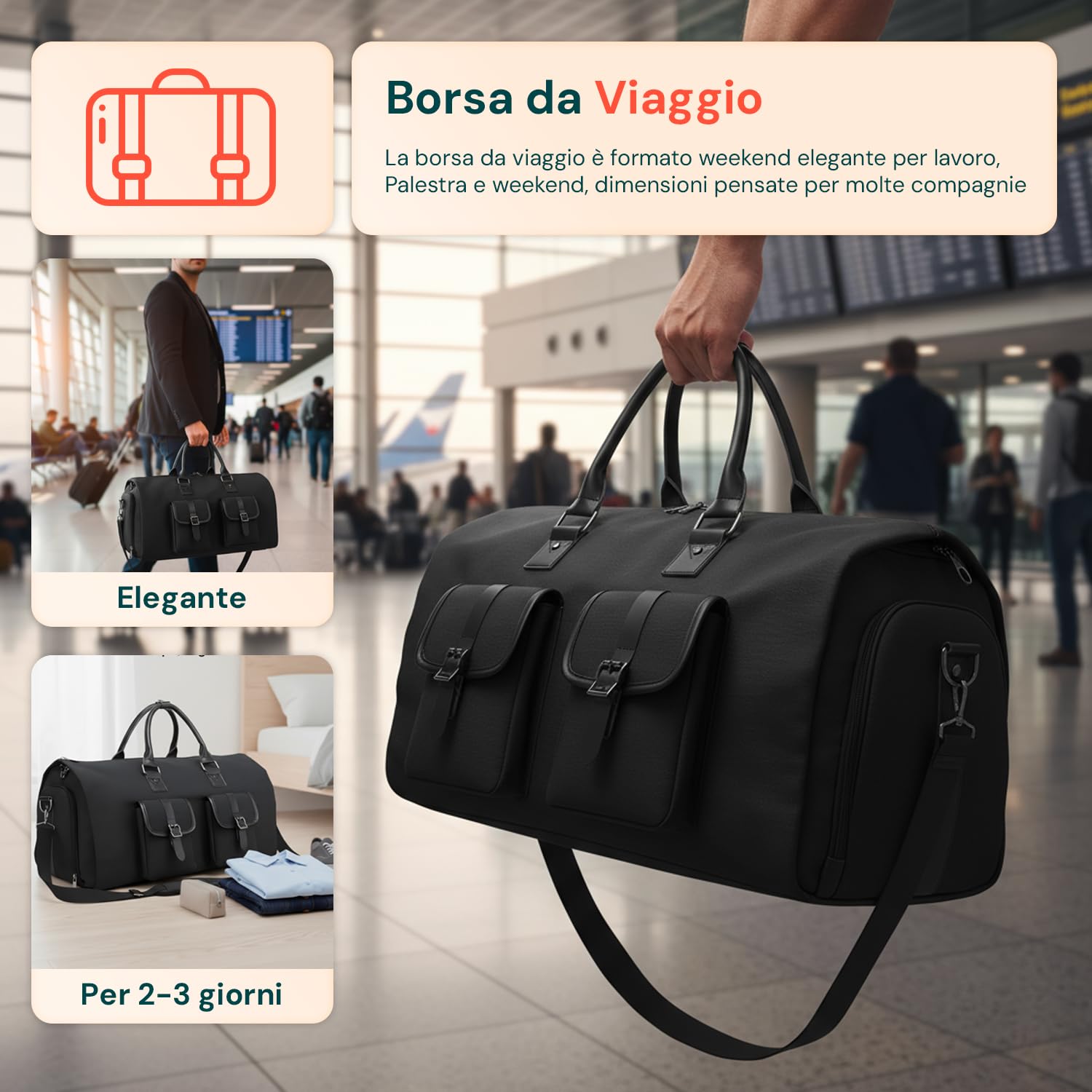 Avilia Borsone Viaggio 2 in 1 Impermeabile 56x32x33 cm -Scomparto Scarpe Ventilato - Bagaglio a Mano Cabina - Borsa Palestra Sportiva Weekend - Tessuto Oxford Tasche Multiple