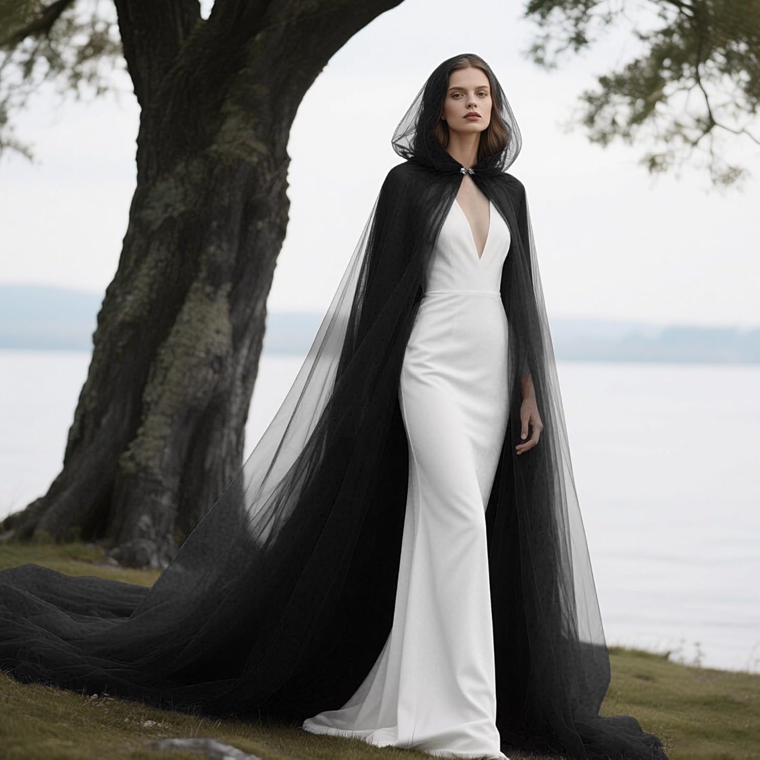 Joukavor Tulle Hooded Cape with Train Sheer Witch Cloak Long for Halloween - Image 5