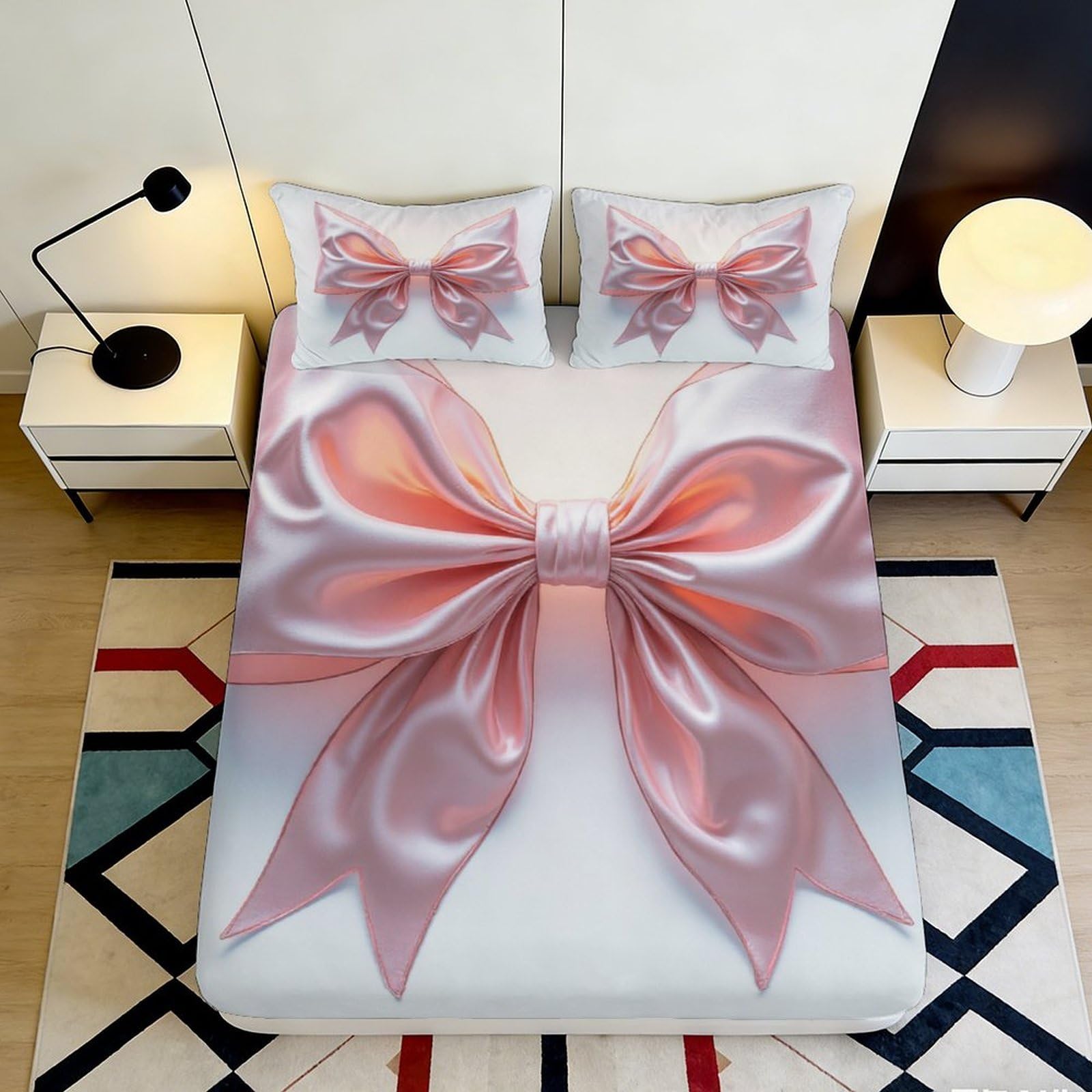 3D Printed Pink Satin Bow Fitted Sheet Microfiber Soft Decorative Ribbon Mattress Cover for Bedroom Guest Room Home 90x200x25cm