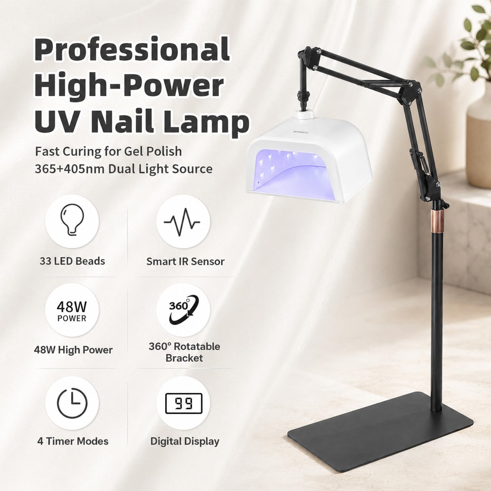 Lampa UV do Stóp ze Stojakiem, Suszarka do Paznokci Żelowych do Pedicure | Lampa do Pedicure 48 W z Akumulatorem, 33 Diody LED, Czujnik IR, 4 Timery i Odłączany Stojak Podłogowy
