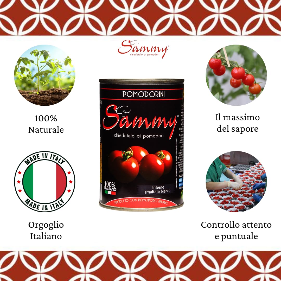 SAMMY - I Pomodorini, Pomodorino Ciliegino in Succo di Pomodoro, 100% Filiera Italiana, per un Sapore Dolce e Intenso, 12 Pezzi in Latta da 400 gr
