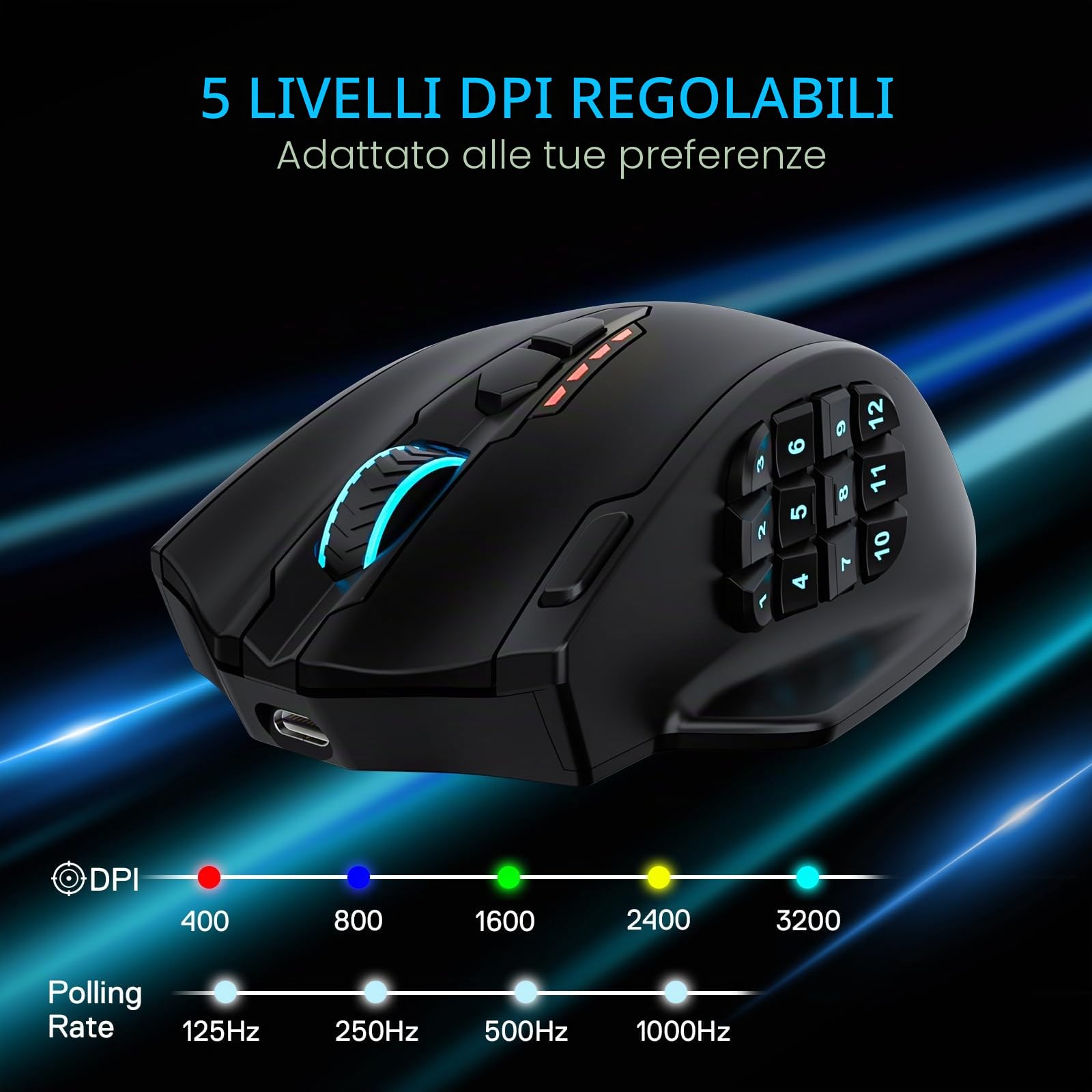 Redragon M913 MAX Mouse Gaming Senza Fili MMO 26K DPI BT | 16 pulsanti programmabili, connessione BT/2.4G, software personalizzazione tasti, sensore ottico preciso per MMO