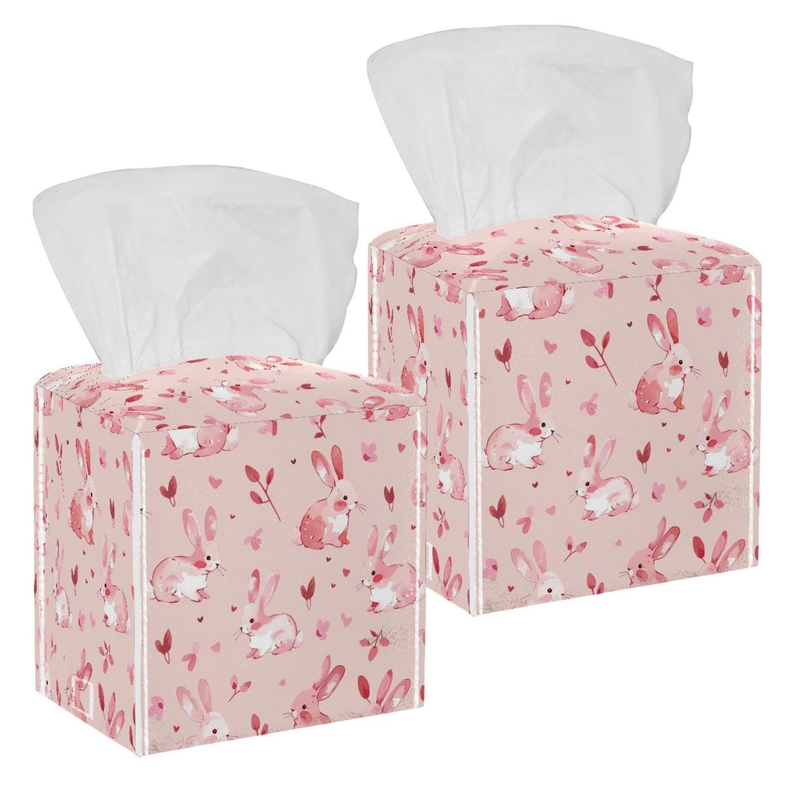 Pink Rabbit Tissue Box Cover, 2 Pack PU Leather Square Facial Tissue Dispenser Box holder for Home Office Car