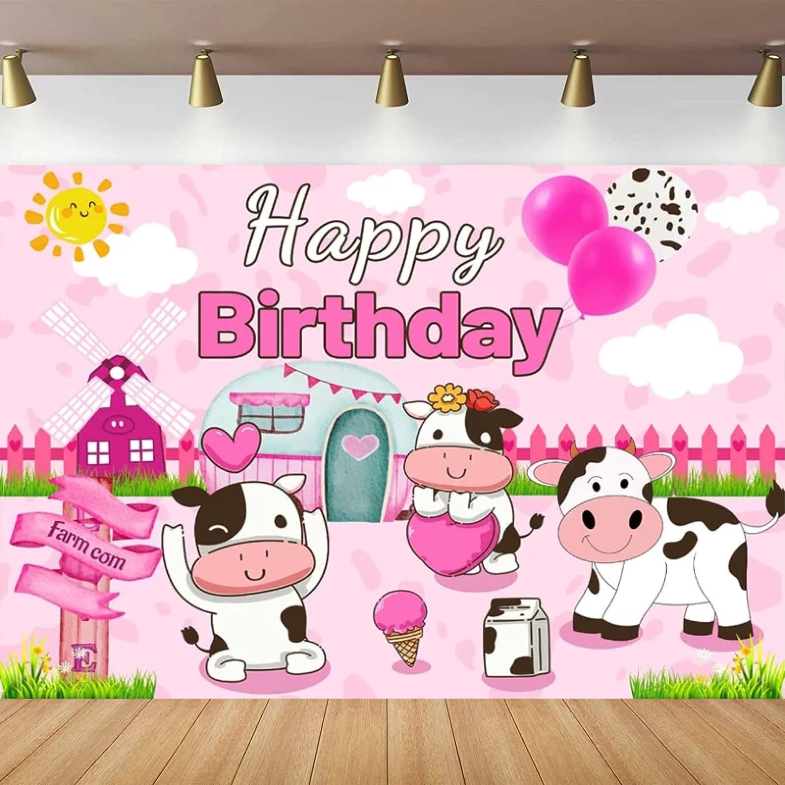 Fotografia tło różowa akwarela gospodarstwo zwierzę stodoła krowa motyw tło krowa nadruk dzieci dziewczyna Happy Birthday materiały dekoracyjne 440 x 300 cm