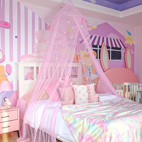 MACEVIA Toldo de cama para niñas, toldo de princesa con estrellas brillantes, toldo de decoración de guardería para cama de niños, cama de bebé, disponible en Yaxa Peru
