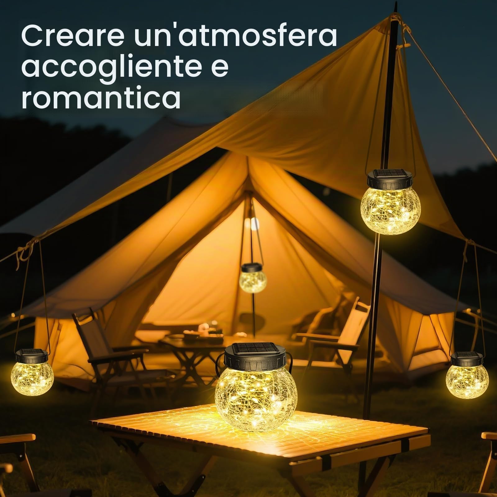 Kolpop Lanterne solari per esterni, impermeabili, confezione da 6, lanterne solari da appendere con 30 LED, sfere in vetro craquelato, per decorazione di giardino, recinzione, patio, cortile, albero