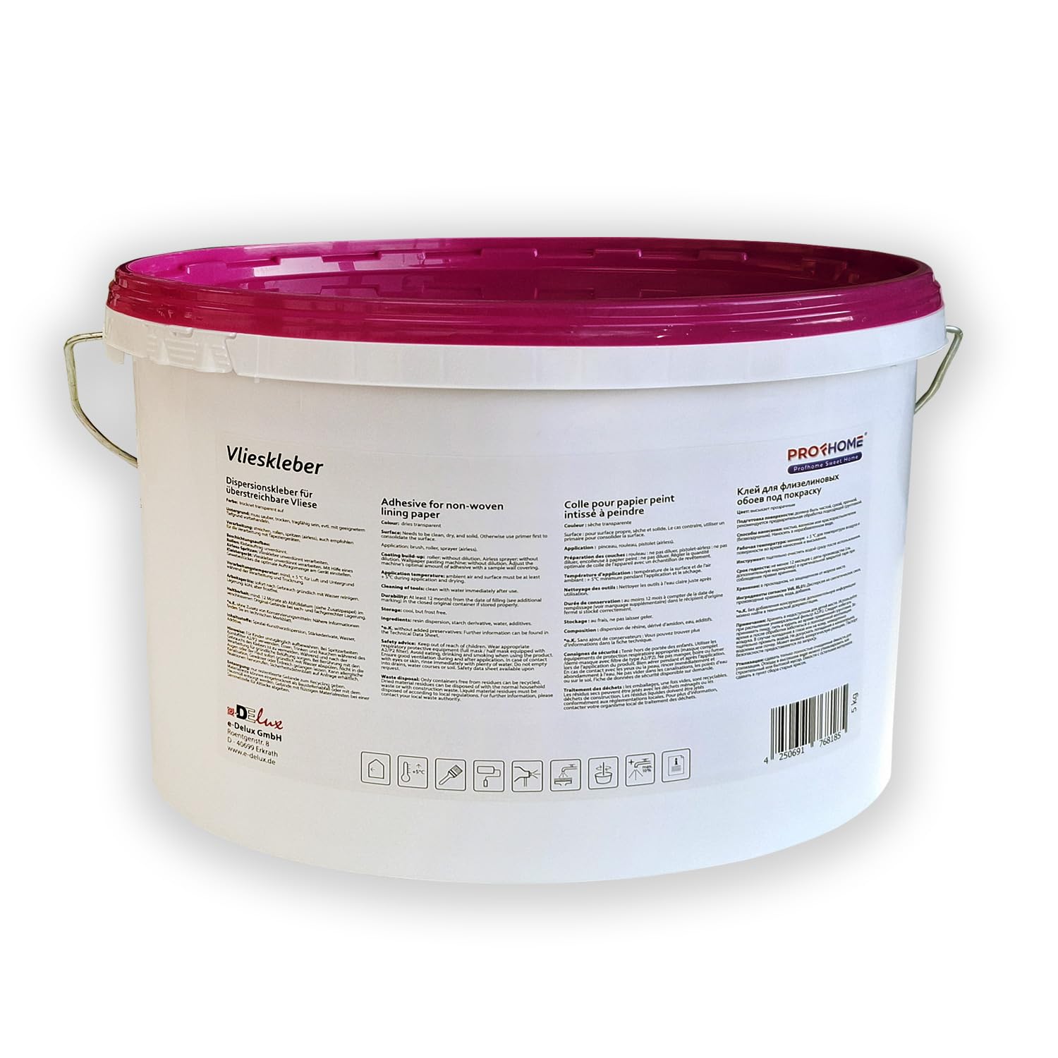 Pegamento listo para usar PROFHOME adhesivo para superficies murales pegamento para no tejidos sin conservantes turbio transparente cuando está seco 1 paleta 32 cubos 512 kg