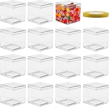 Square Cube Storage Boxes - 15 Pack Clear Plastic Containers with Lid, Transparent Display Boxes, Gift Box with Glitter Ribbon - 3x3 IN