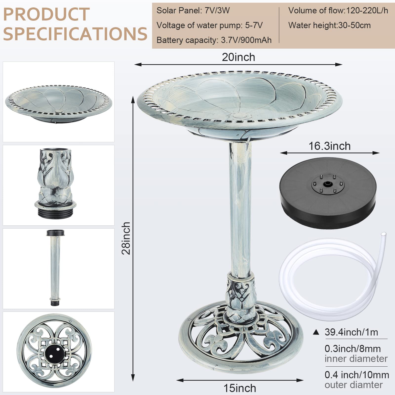Outdoor Polyresin Bird Bath with Solar Water Fountain Pump, 28 Inches Height Pedestal Birdbath Bowl with 3W LED Floating Pool Light, Antique Outside Garden Statue Decor (Gray)