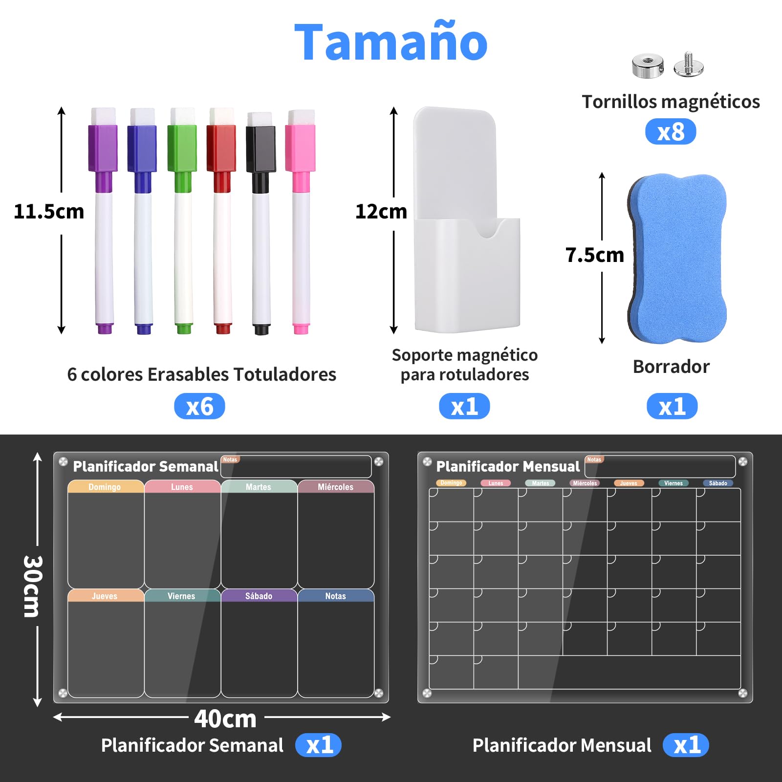 Kesote Calendario y Pizarra Magnética para Nevera en Español 40cm×30cm Planificador Semanal y Mensual de Metacrilato Transparente, Incluye 6 Rotuladores, Borrador y Soporte Magnético para Rotuladores