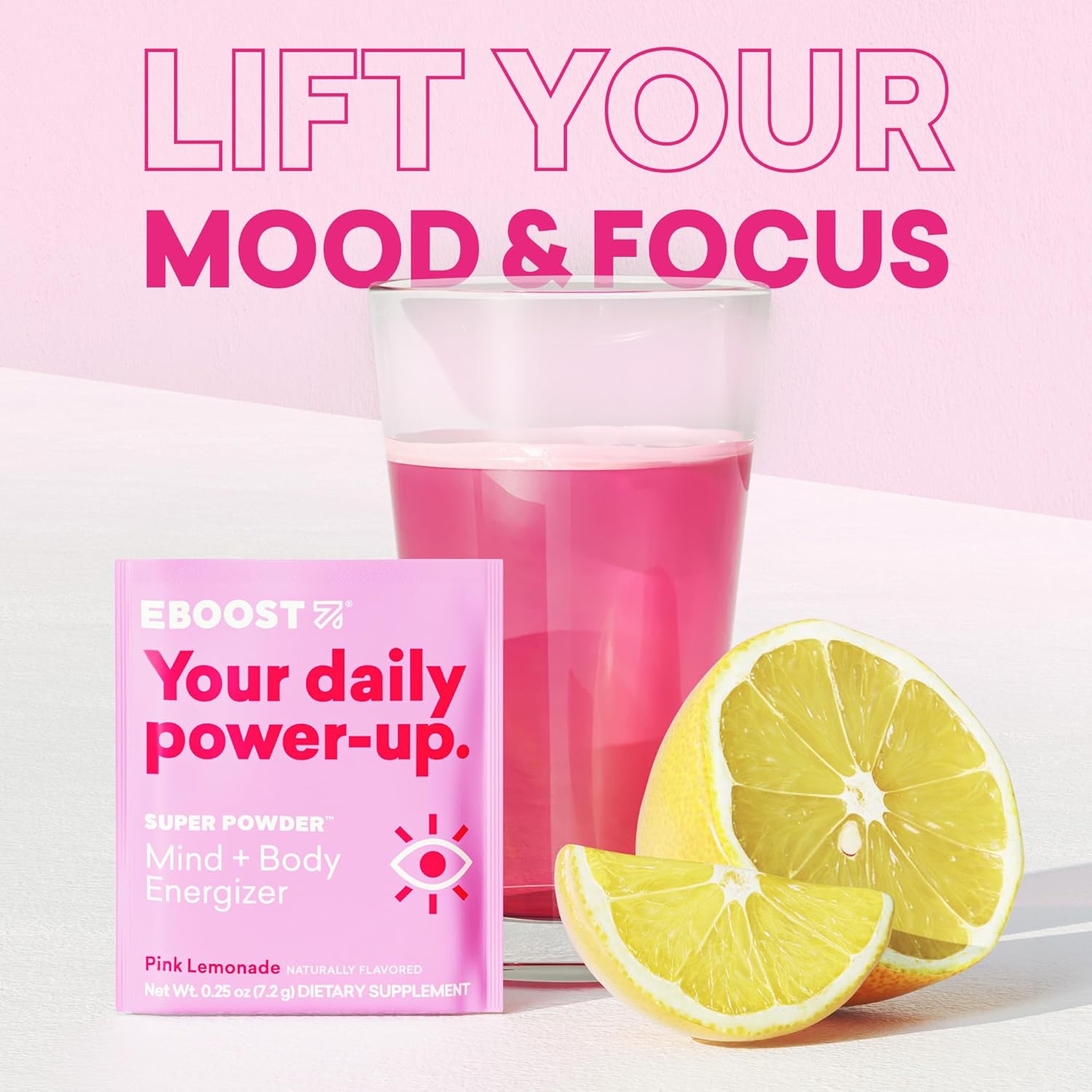 EBOOST Super Powder Drink Mix - Pink Lemonade 0.2 oz 20 Pack Hydration Energizer Electrolytes Powder - 13 Vitamins & Minerals - 110 mg Caffeine - 0 Added Sugar - No Artificial Flavors or Sweeteners
