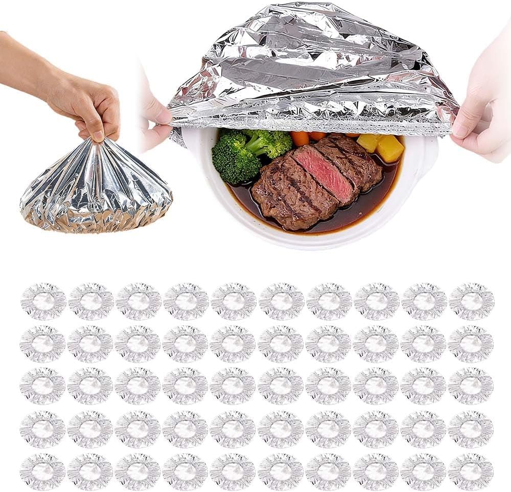 Reusable Aluminum Foil Food Covers, Thickened Heat Resistant Material with Continuous Warmth, Fresh Keeping Food Cover for Meals Vegetables Fruits Leftovers (50)