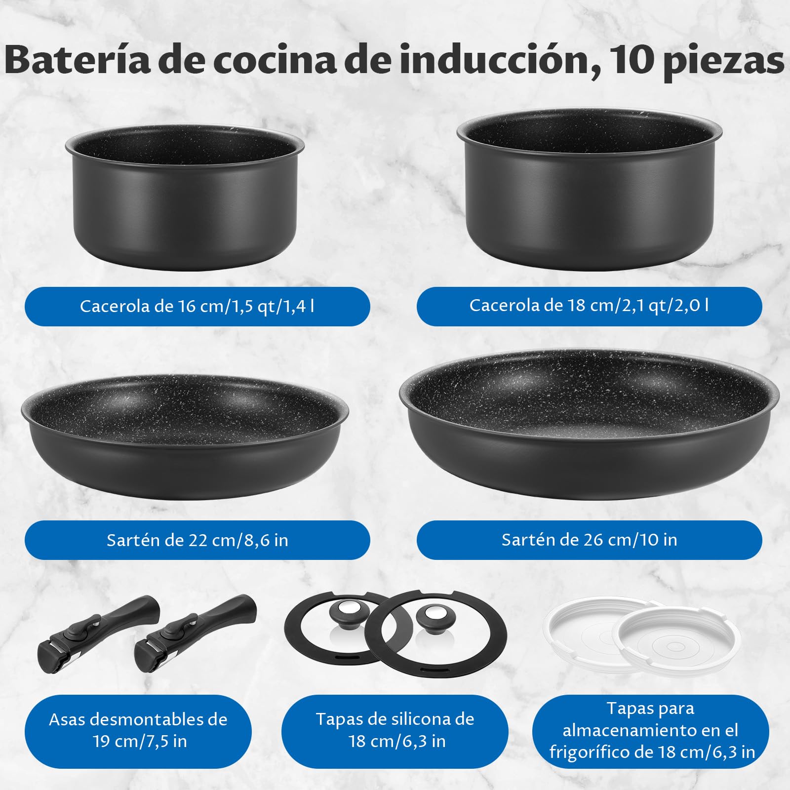 BEZIA Juego de Ollas y Sartenes 10 piezas, Batería de Cocina Antiadherente, Mango Desmontable, No Tóxico Sin PFOA, Apta para Inducción, Gas, Vitrocerámica y Horno, Apilable, Fácil de Limpiar