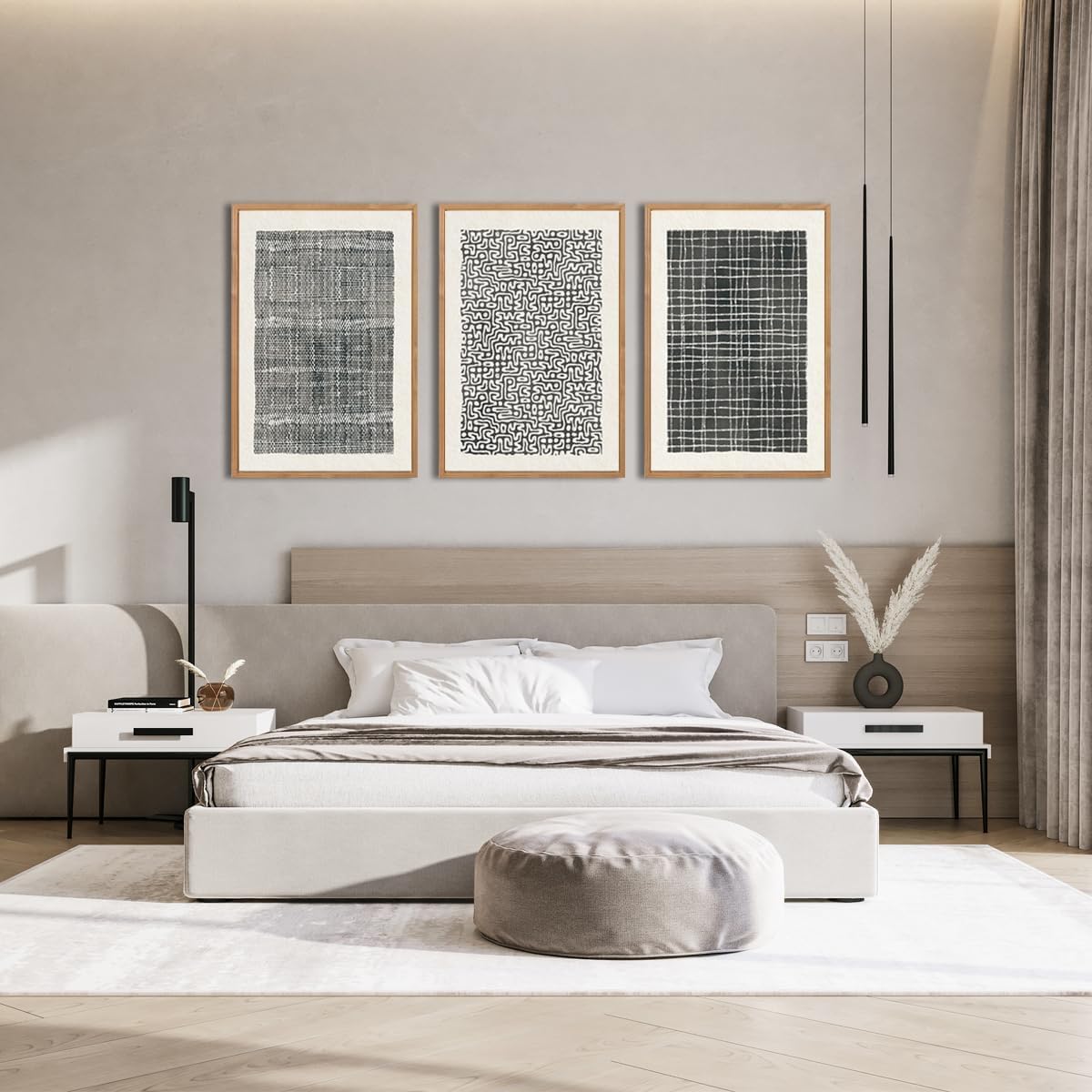 BINCUE 3 piezas arte de pared abstracto bohemio,Líneas Beige Lienzo Murales,Cuadros en Lienzo Blanco y Negro,Decoración de Pared Moderna Sala de Estar,Póster de Línea Geométrica Dormitorio Oficina