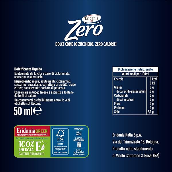 Eridania Zero - Dolcificante Liquido, Comodo Flaconcino da Portare con Te, 500 Dosi, 2 Gocce Equivalgono ad 1 Dose, Comodo Tappo Salvagocce Apri&Chiudi Integrato, 50 ml, 1 pezzo - 2