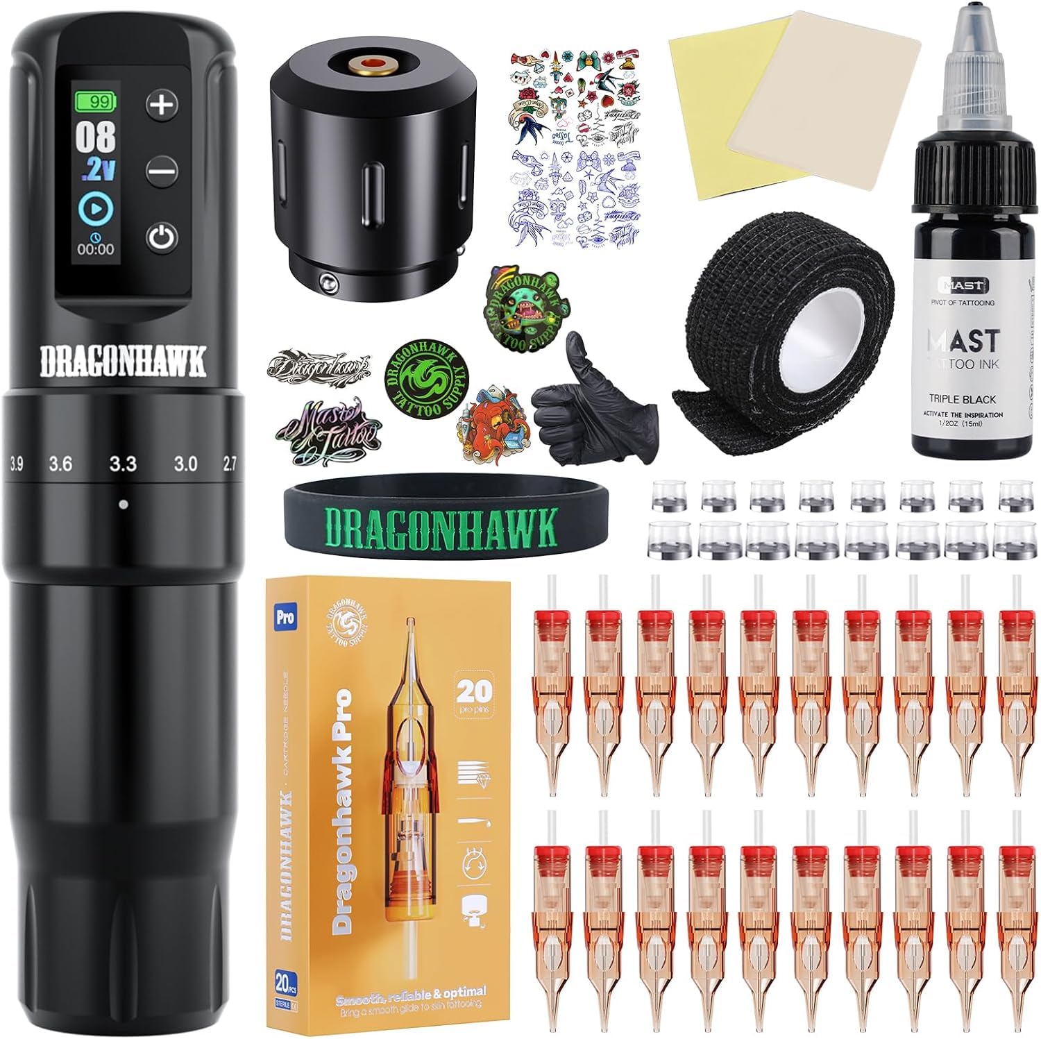 Dragonhawk Kit Tatuaje Atom2 Pro Máquina de Tatuar Inalambrica Rotativa Tattoo Machine 7 Strokes Length, 2.4-4.2mm -Tatuaje para Principiantes