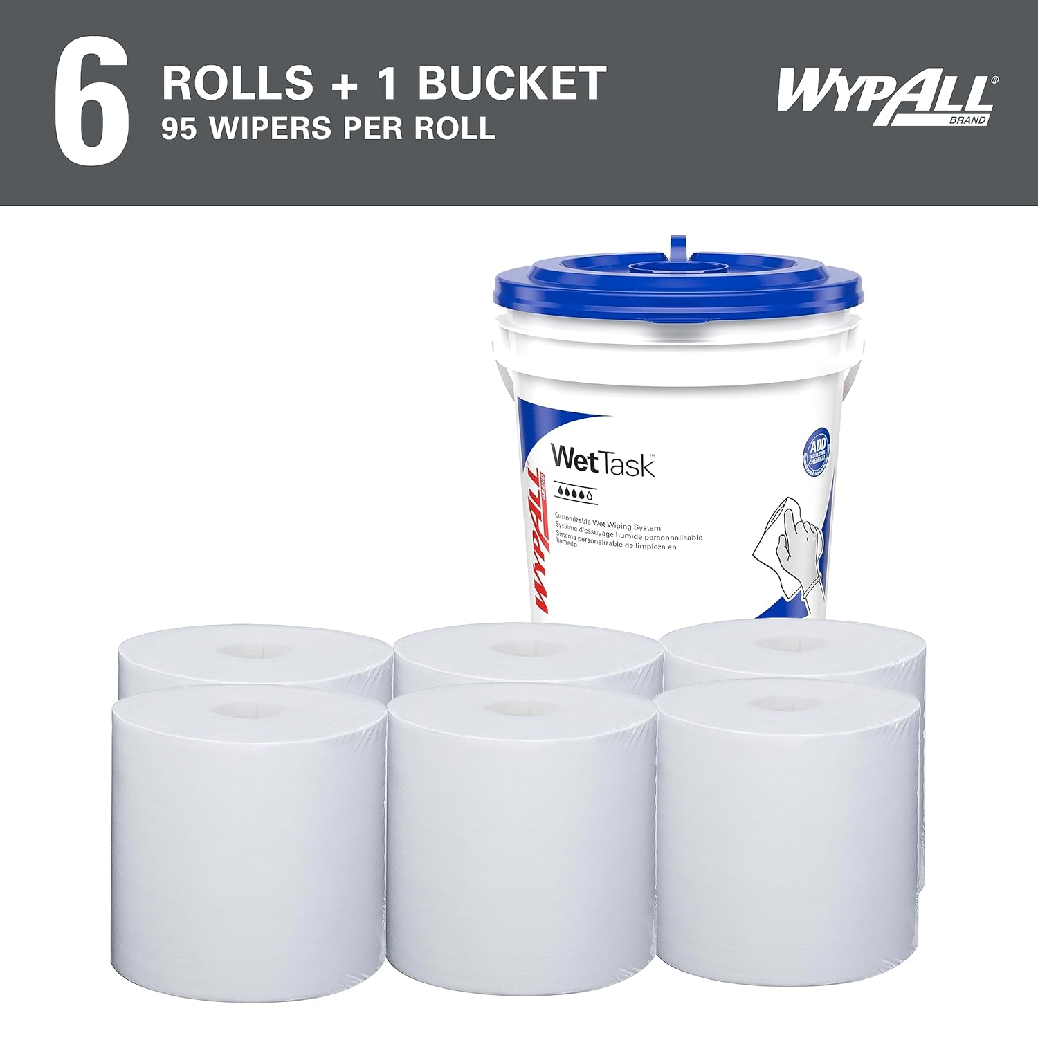 WypAll PowerClean WetTask Wipes for Solvents System (06001), Center-Pull, White, Bucket Included (95 Sheets/Roll, 6 Rolls, 570 Sheet Total)