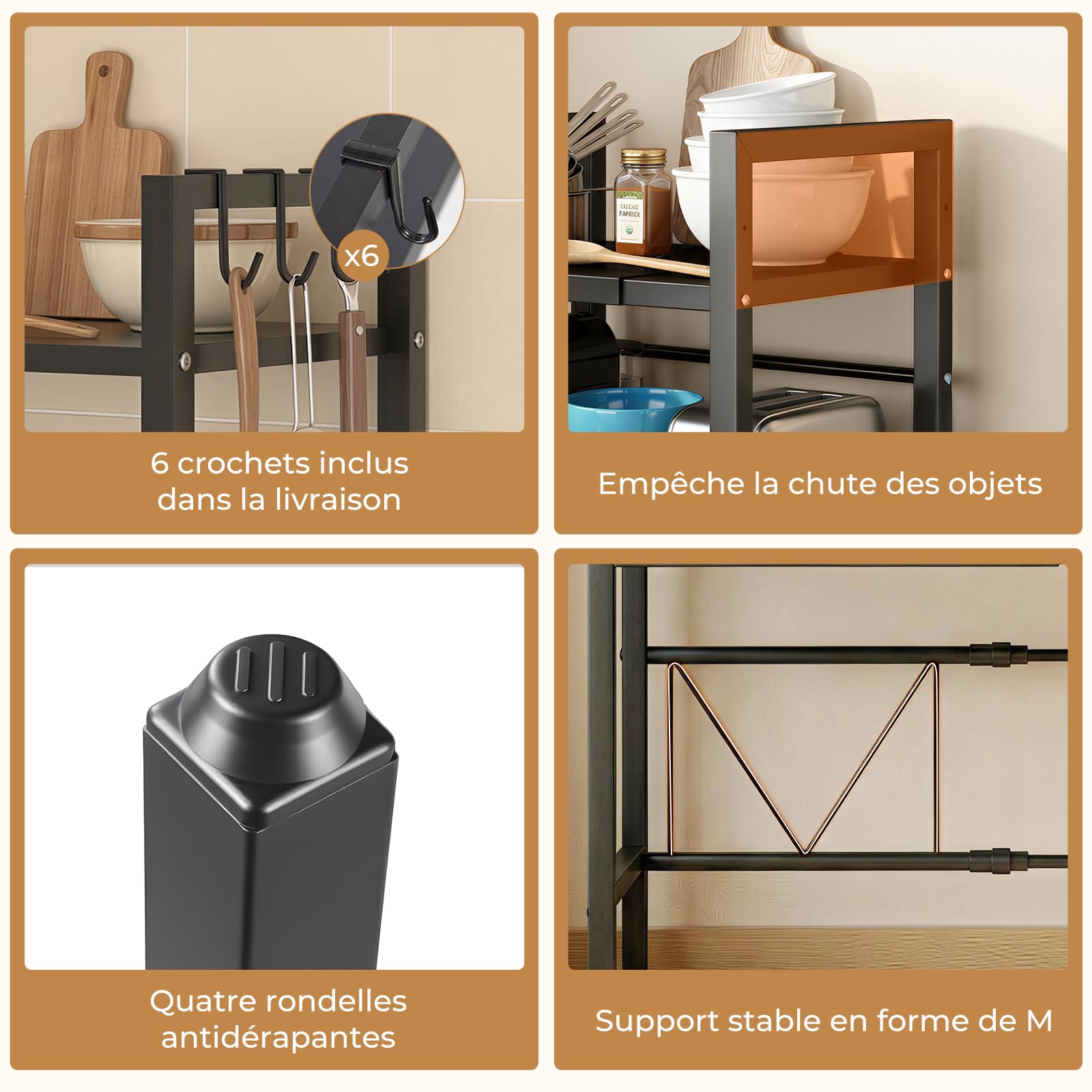 ALANNG Étagère Micro-ondes Réglable 38,7-65cm, 3 Niveaux Étagère de Cuisine sur Plan de Travail, 50kg Capacité Support Micro-ondes avec 6 Crochets, Métal Noir Stable