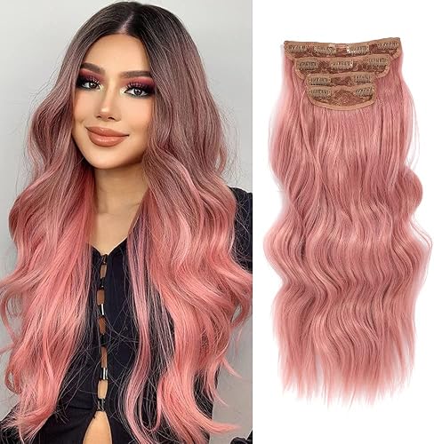 4PCS Clip in Hair Extensions 20Inch Long Wavy Hair Extensions Clip ins Synthetic Thick Hair Piece for Women (Pink)