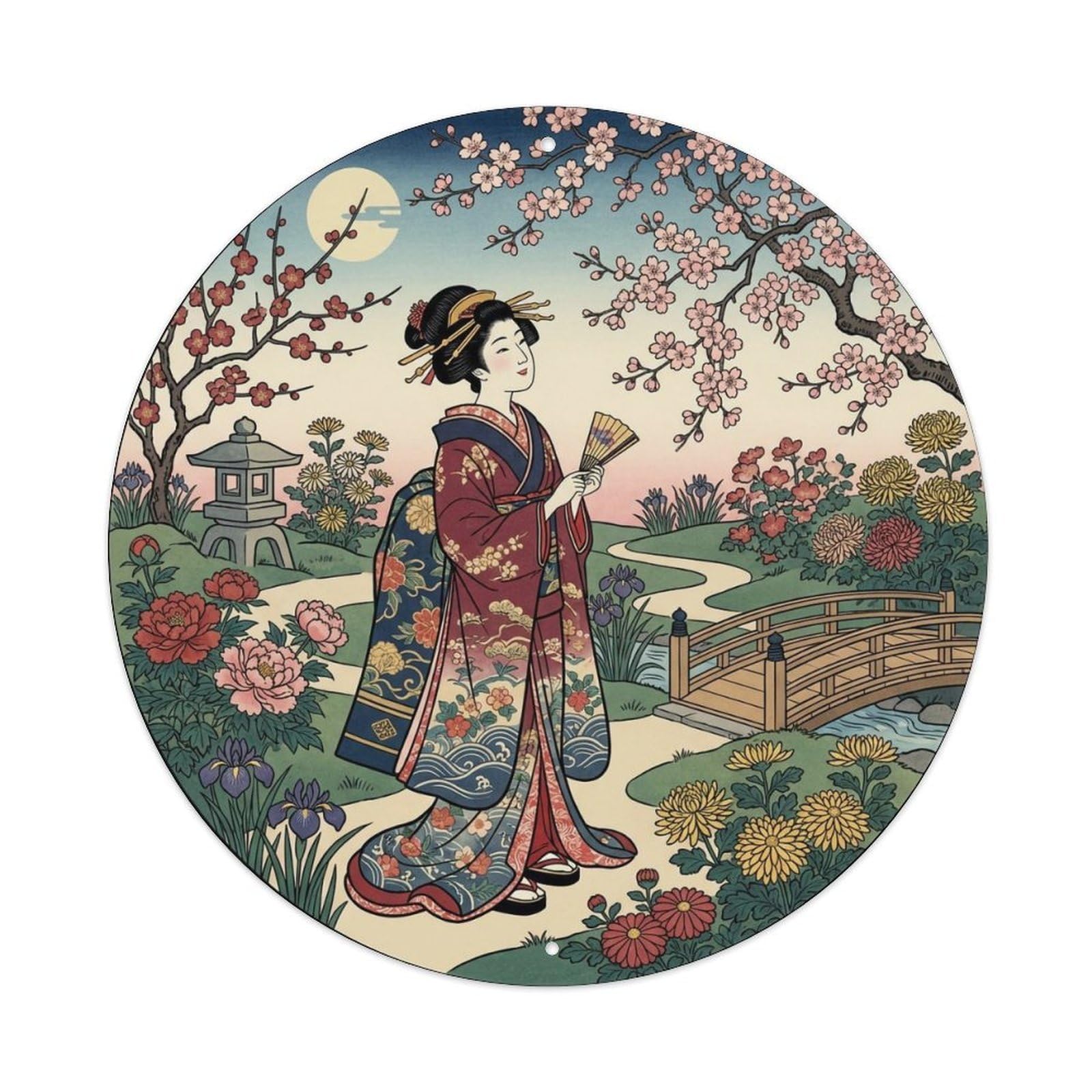 Japanese Geisha Side View Admiring Flowers Serene Metal Tin Sign