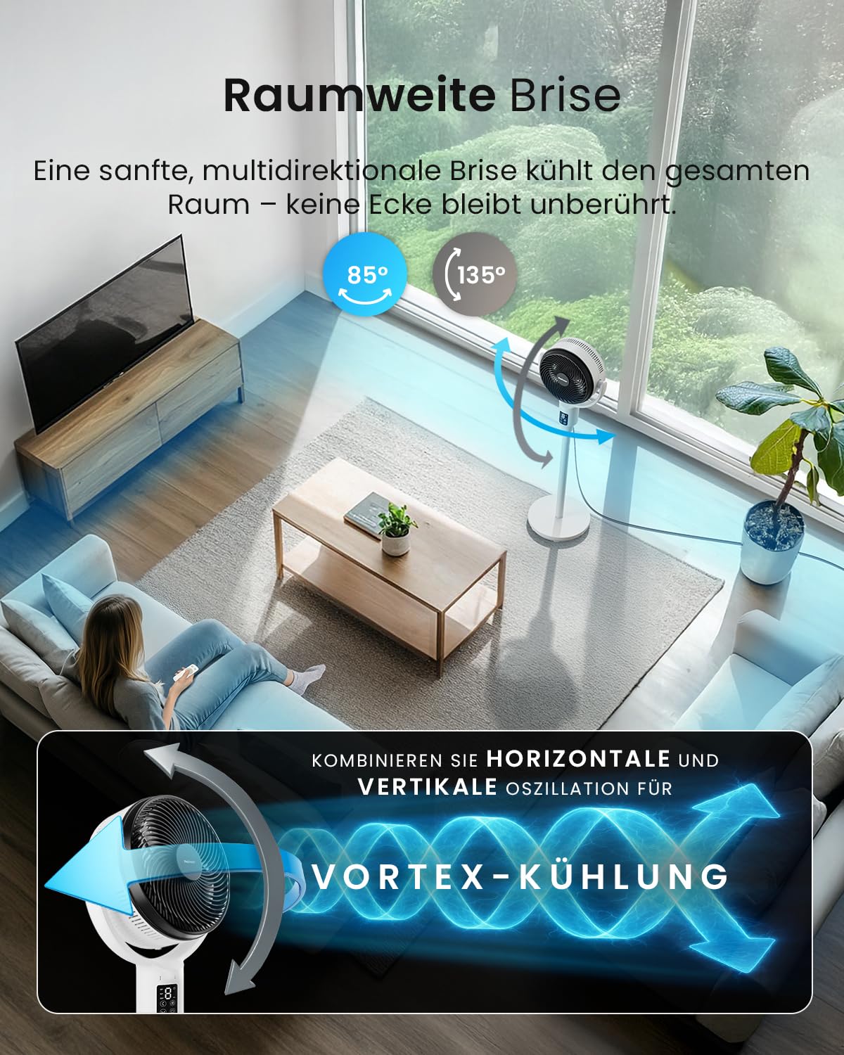 Pro Breeze AirFlo Plus Standventilator 111 cm 75% stärkerer Luftstrom 5 Doppelrotor-Blätter leise 29 dB 2-in-1 Stand- & Tischventilator 85°+135° Vortex-Oszillation Fernbedienung
