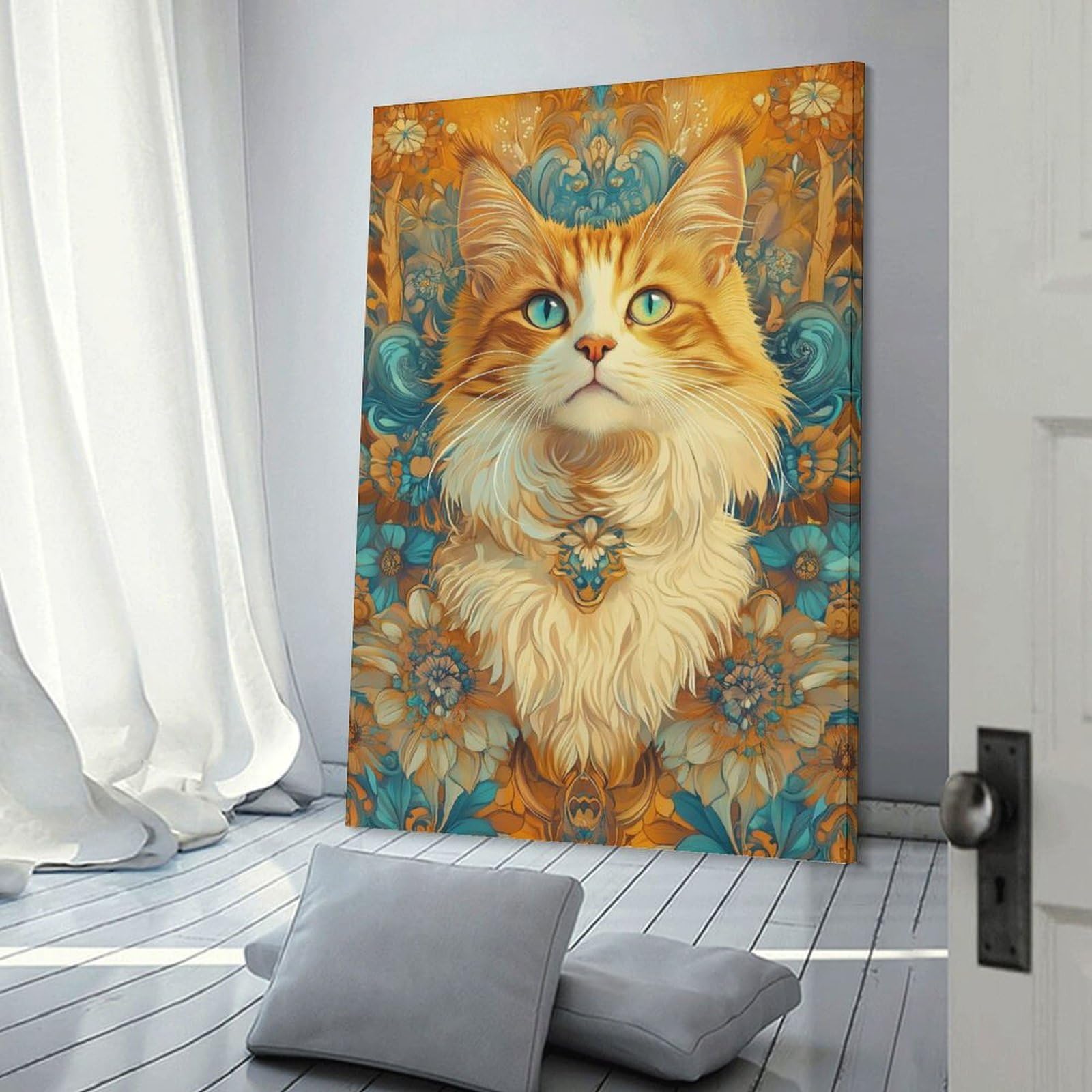 Junmoney Orange Tabby Cat with Floral Background Canvas Art Print 20x30inch(50x75cm), for Front Hall, Corridor Or Welcome Spaces, Home Artwork for First Impressions