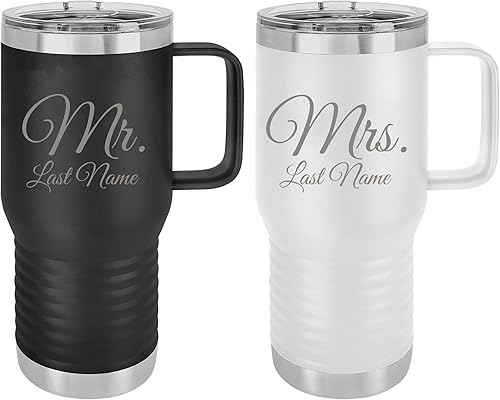 Mr. and Mrs. - Add Last Name - Vasos a juego con aislamiento grabado láser de 20 onzas y 20 onzas, vaso de viaje de acero inoxidable personalizado,