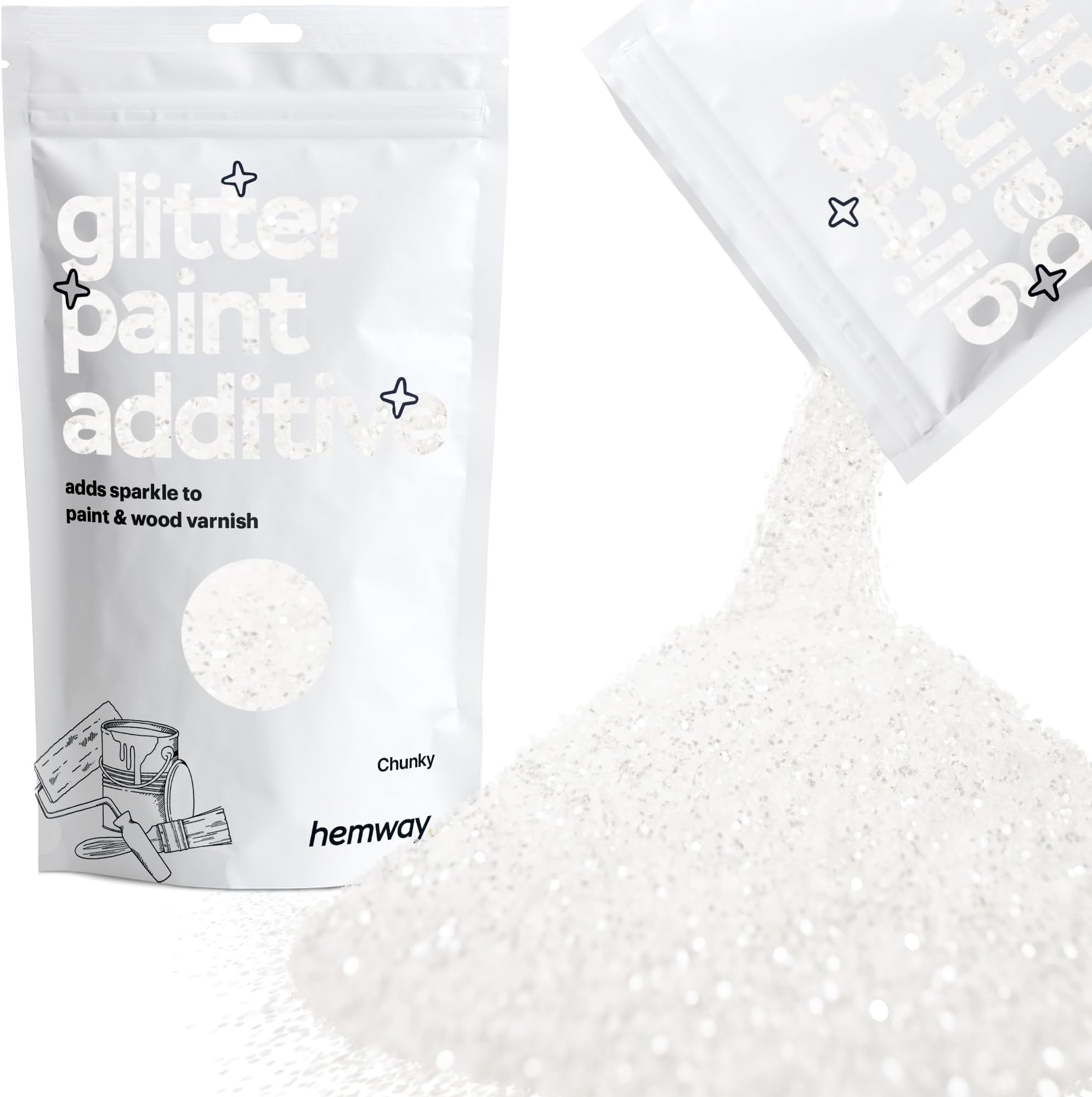 Hemway Glitter Paint Additive Crystals for Acrylic Emulsion Paint, Interior & Exterior Walls, Wood, Varnish, Matt, Gloss, Furniture 100g / 3.5oz - Chunky (1/40" 0.025" 0.6mm) - White Iridescent