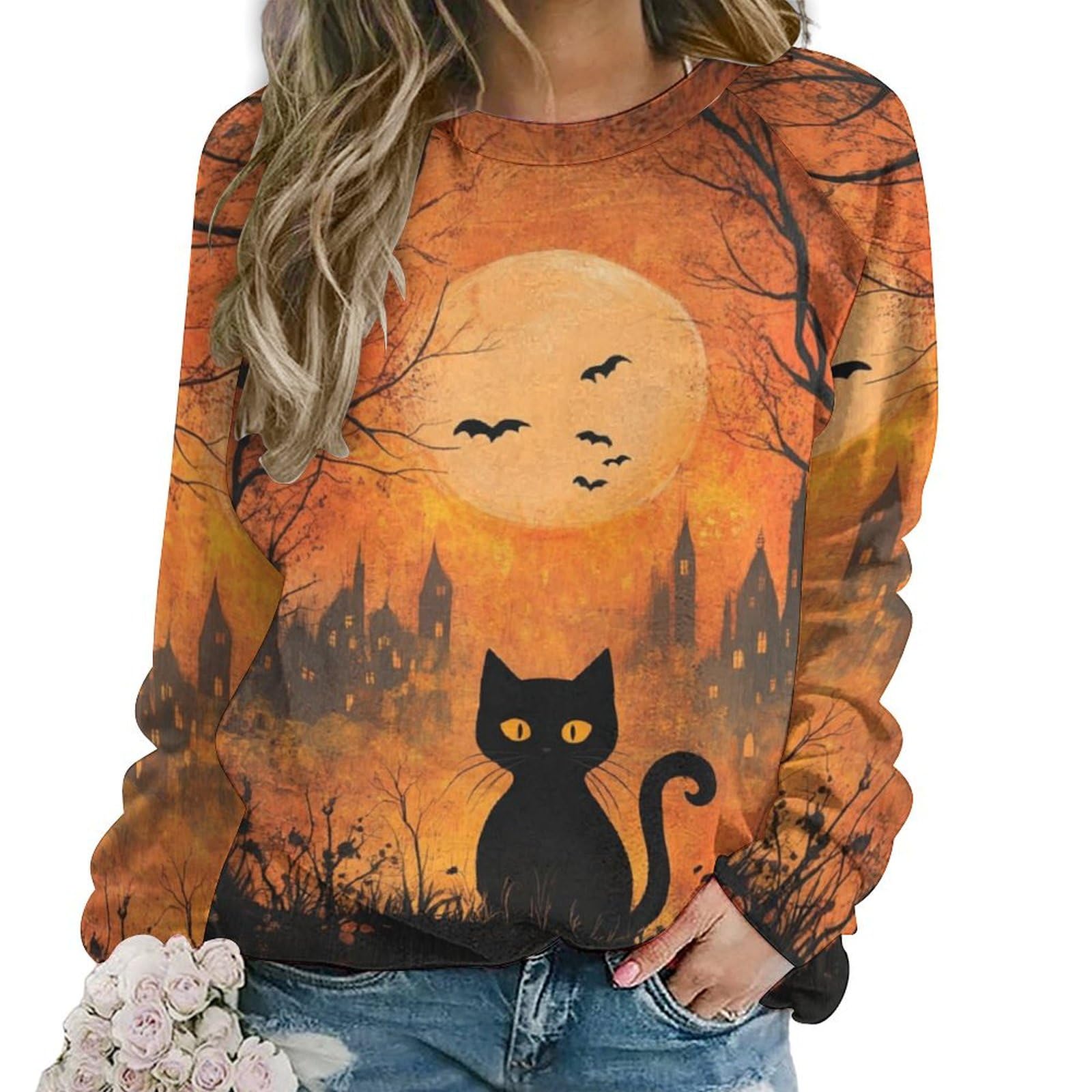 - Womens Funny Cat Sweatshirts Fall Casual Crewneck Pullover Tops Vintage Forest Graphic Long Sleeve T Shirts Oversized