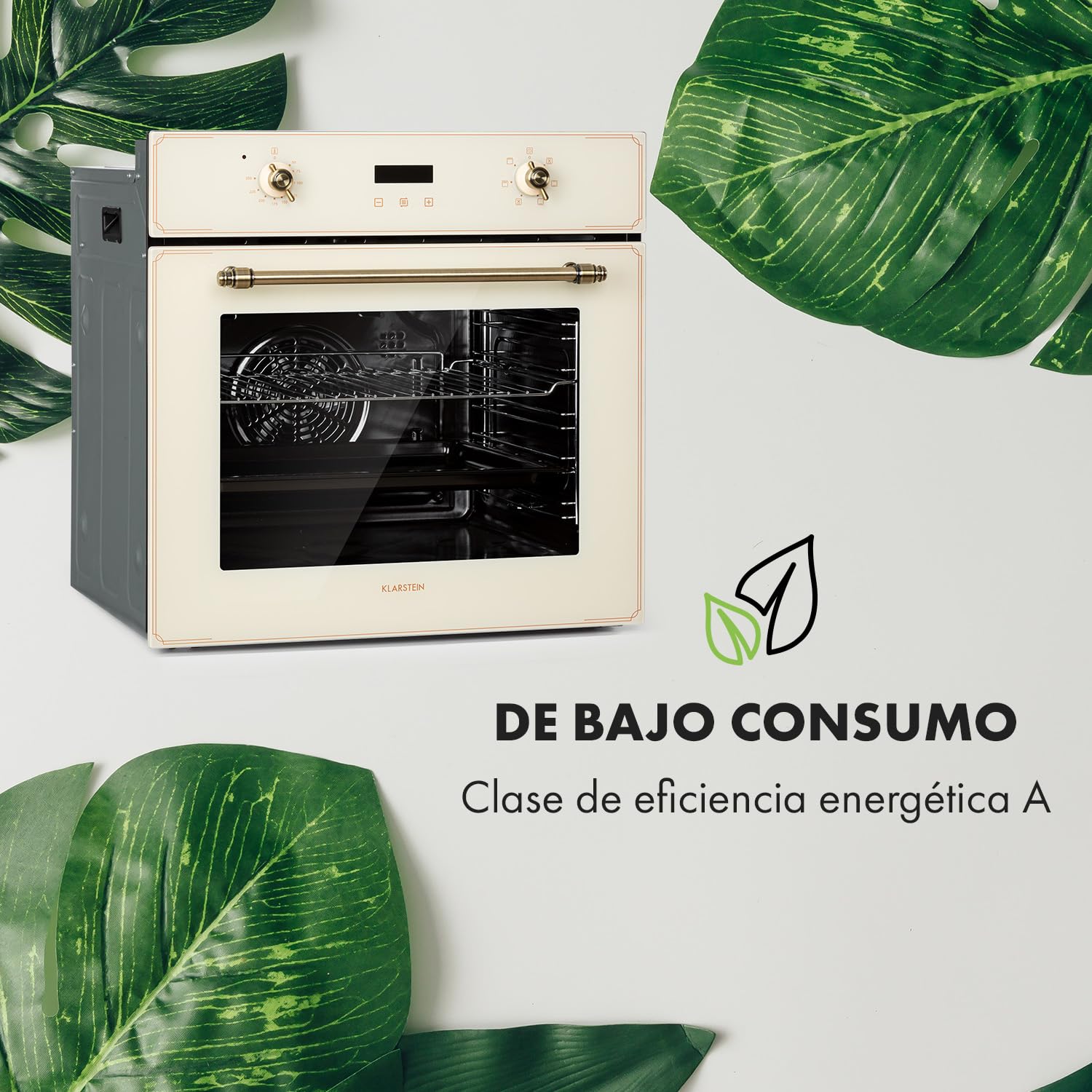 Klarstein Elizabeth - Horno eléctrico encastrable, Potencia 2.200 W, Circulación de aire, Función grill, Temporizador, Voluen 70 L, 5 ranuras, 50-250 °C, Iluminación interior, Pantalla digital, Crema