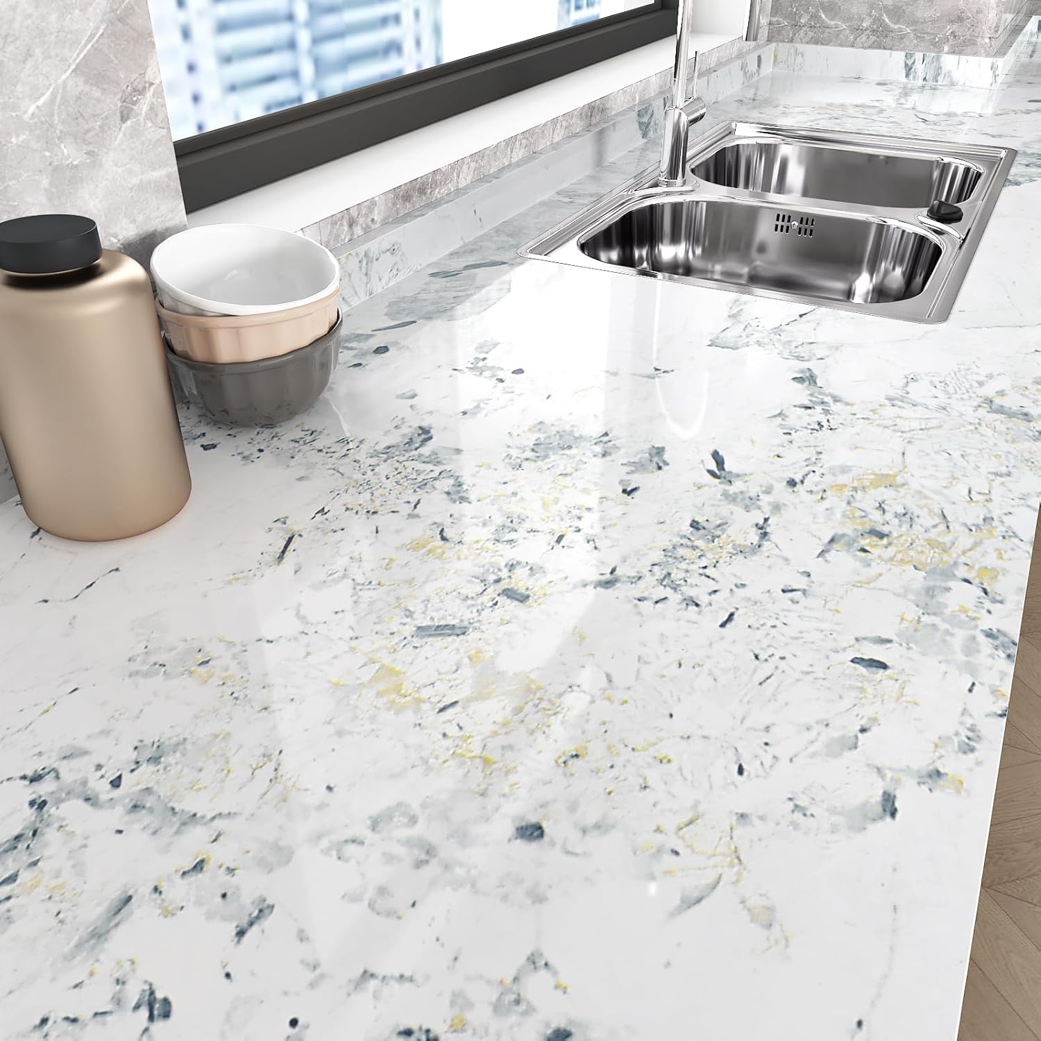 WESTICK Blue White Marble Contact Paper for Countertops Waterproof Kitchen Countertop Peel and Stick Glossy Marble Wallpaper White Granite Countertop Contact Paper for Table Bathroom Vinyl 15.8"x80"