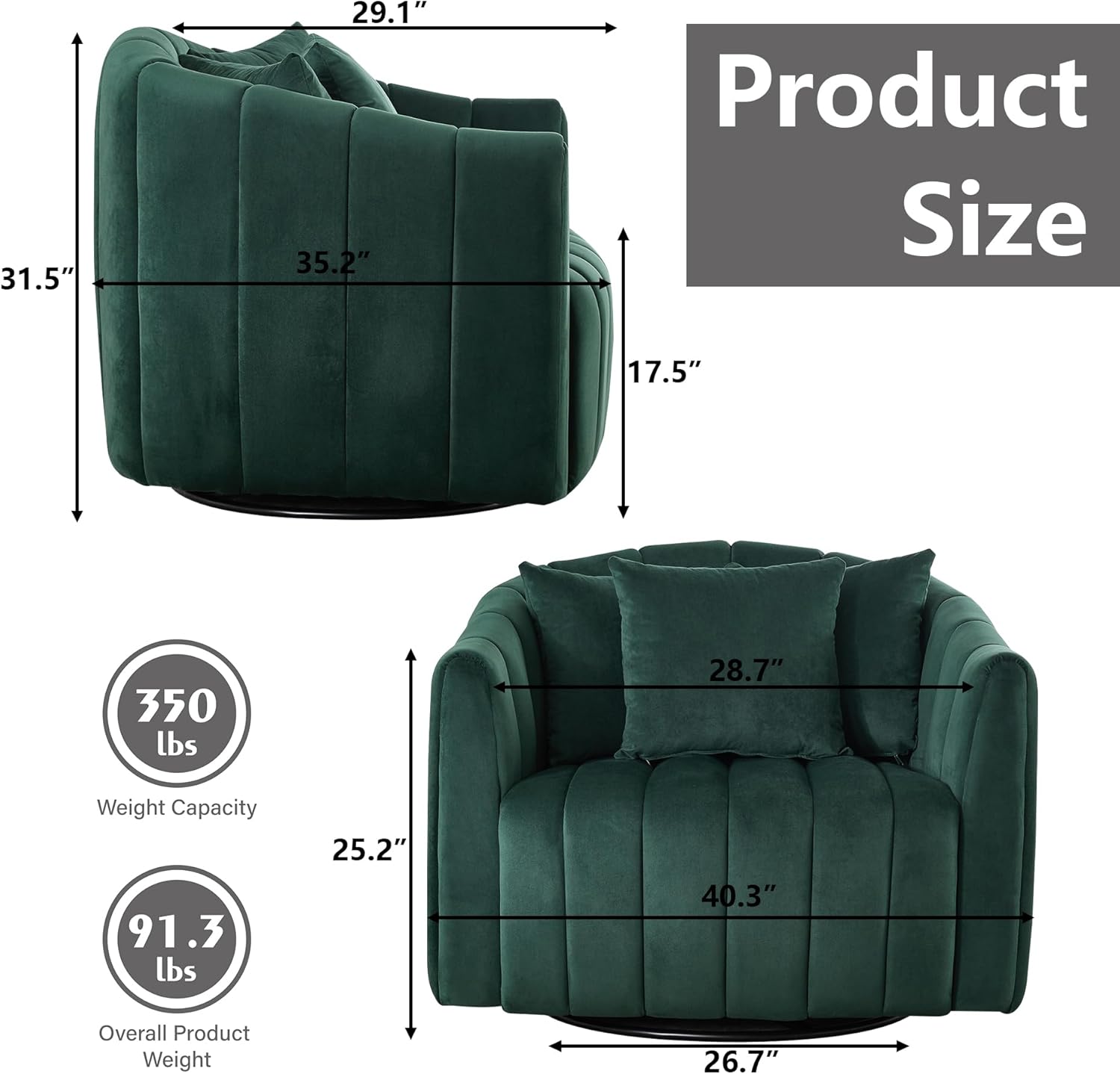 40 Inch Barrel Swivel Chairs with 3 Pillows,Green Velvet Swivel Chairs for Living Room,Modern Accent Chair,Large Armchair 350lbs