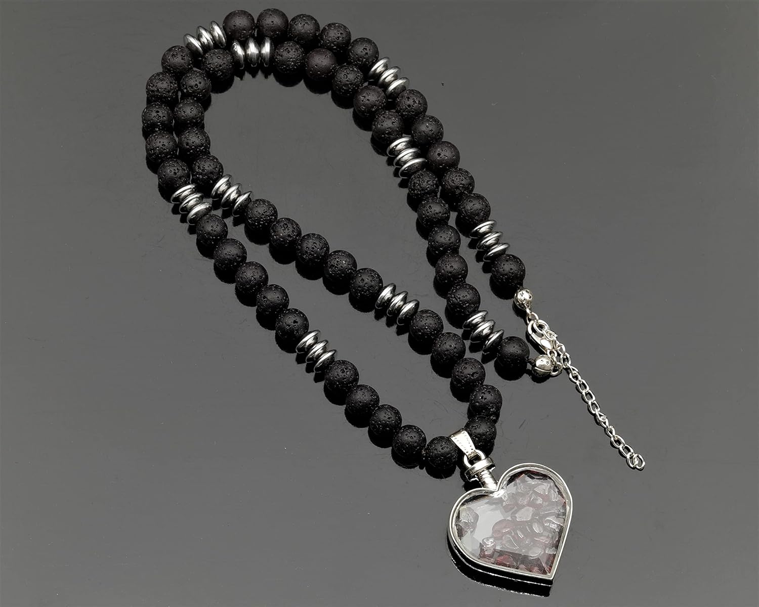 ElisaJewelryArt - Natural Cherry Quartz Heart Pendant Black Lava Stone Beaded Necklace Genuine Gemstone Balance Stone Clasp Closure Necklace Unisex Necklace - Image 8