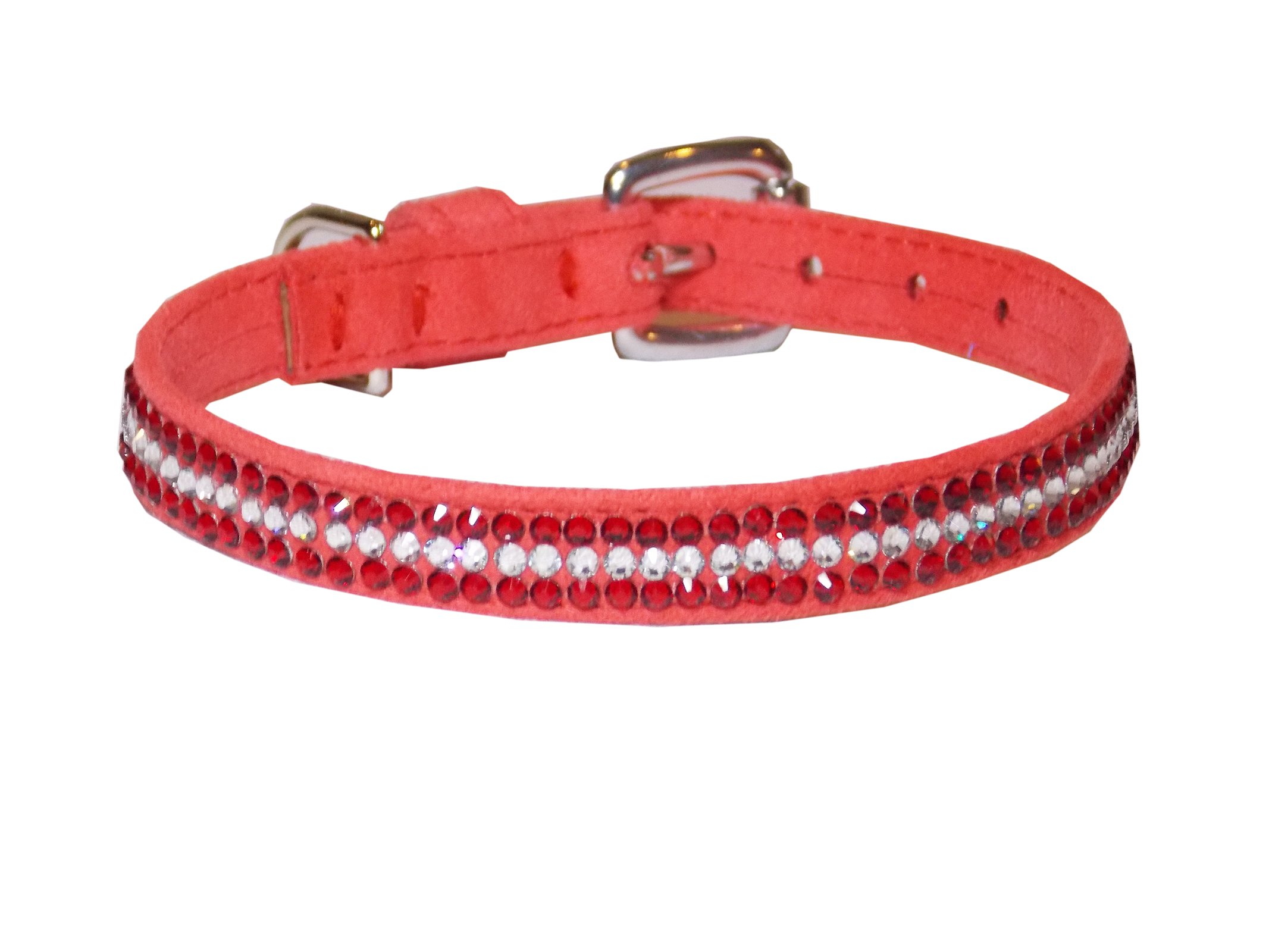 POOCHEE DESIGNS Ultrasuede 3 Row Crystal Straight Dog Collar, Medium Size 12, Red with Crystals