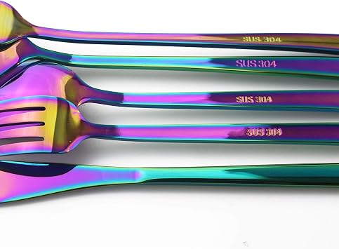 304 Stainless Steel Light Mirror Colorful Rainbow Flatware Set, Service for 4
