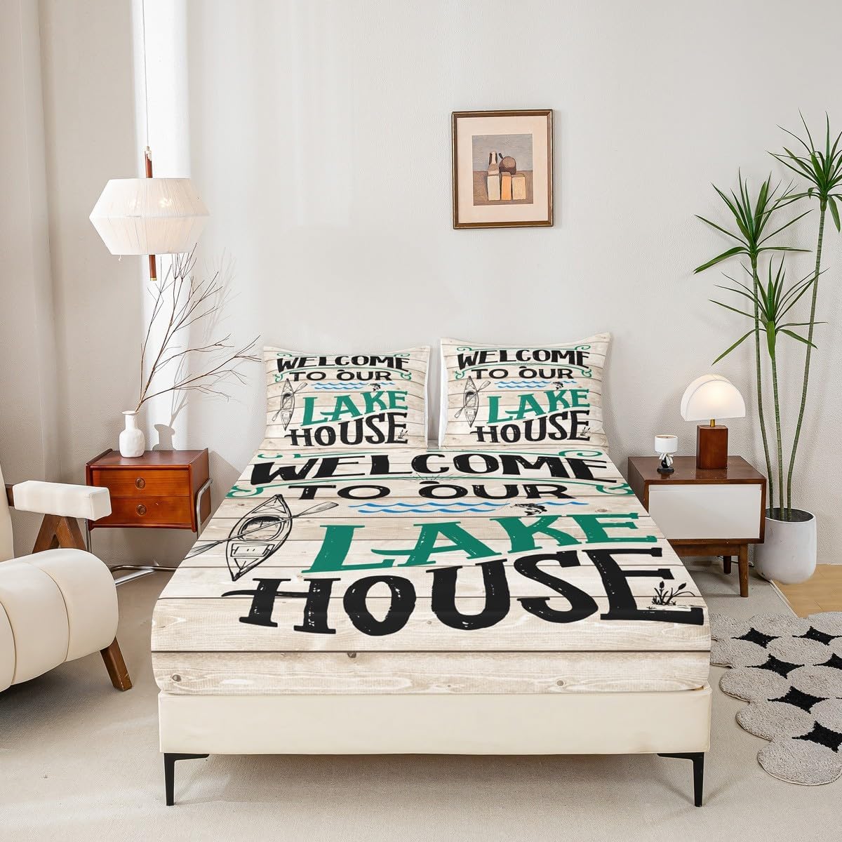 Lake House Kids Fitted Sheet Twin Size,Retro Wooden Plank Bedding Set,Girls Boys Adults Bedroom/Cabin Decor,Fish Sea View Nautical Bed Cover,Rustic Farmhouse Bed Sheet,1 Pillowcase