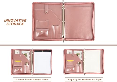 Miniatura 7 de Calfinder Carpeta de cuero con 3 anillos, carpeta de piel sintética para mujer, organizador de cartera de negocios rosa con soporte para bloc de