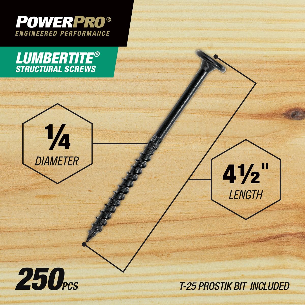 Power Pro 250 tornillos estructurales LumberTite (1/4 x 4-1/2 pulgadas) | Tornillos de madera resistentes de diseño patentado Star Drive | Cierres exteriores multicapa con revestimiento epoxi