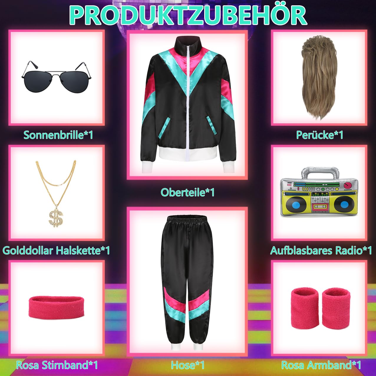 Fover Disfraz de los años 80 para hombre y mujer, traje de entrenamiento, estilo pop, retro, accesorios para disfraz, con radio inflable, gafas de sol, collar y banda para el sudor para fiestas