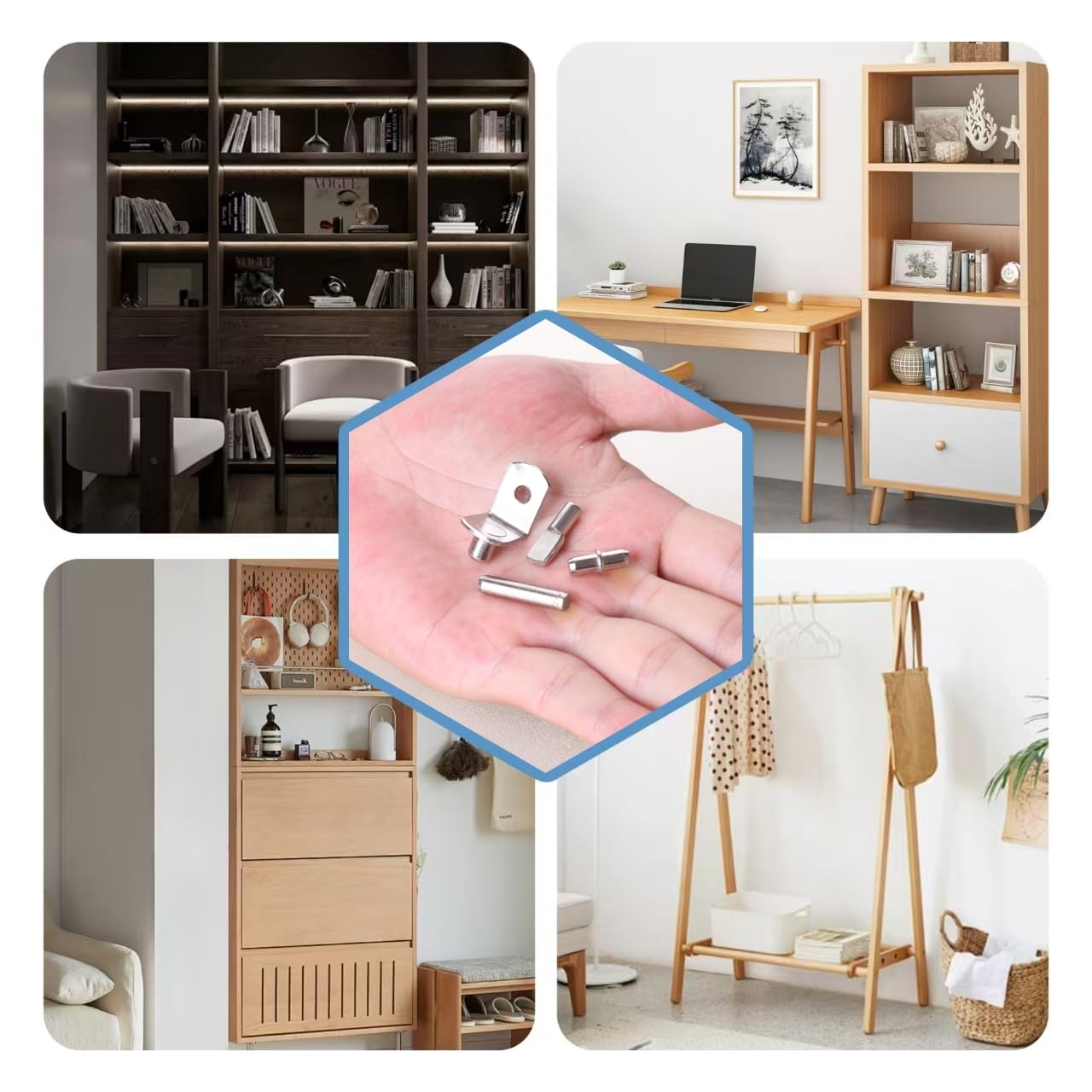 108 Pcs Shelf Pins Kit, Metal Nickel Plated Shelf Support Pin, Bookshelf Pegs Cabinet Shelf Bracket Pegs Shelf Pins Holders for Kitchen Furniture & Closet 4 Styles ( 5mm & 1/4inch ) — Amazon image 4