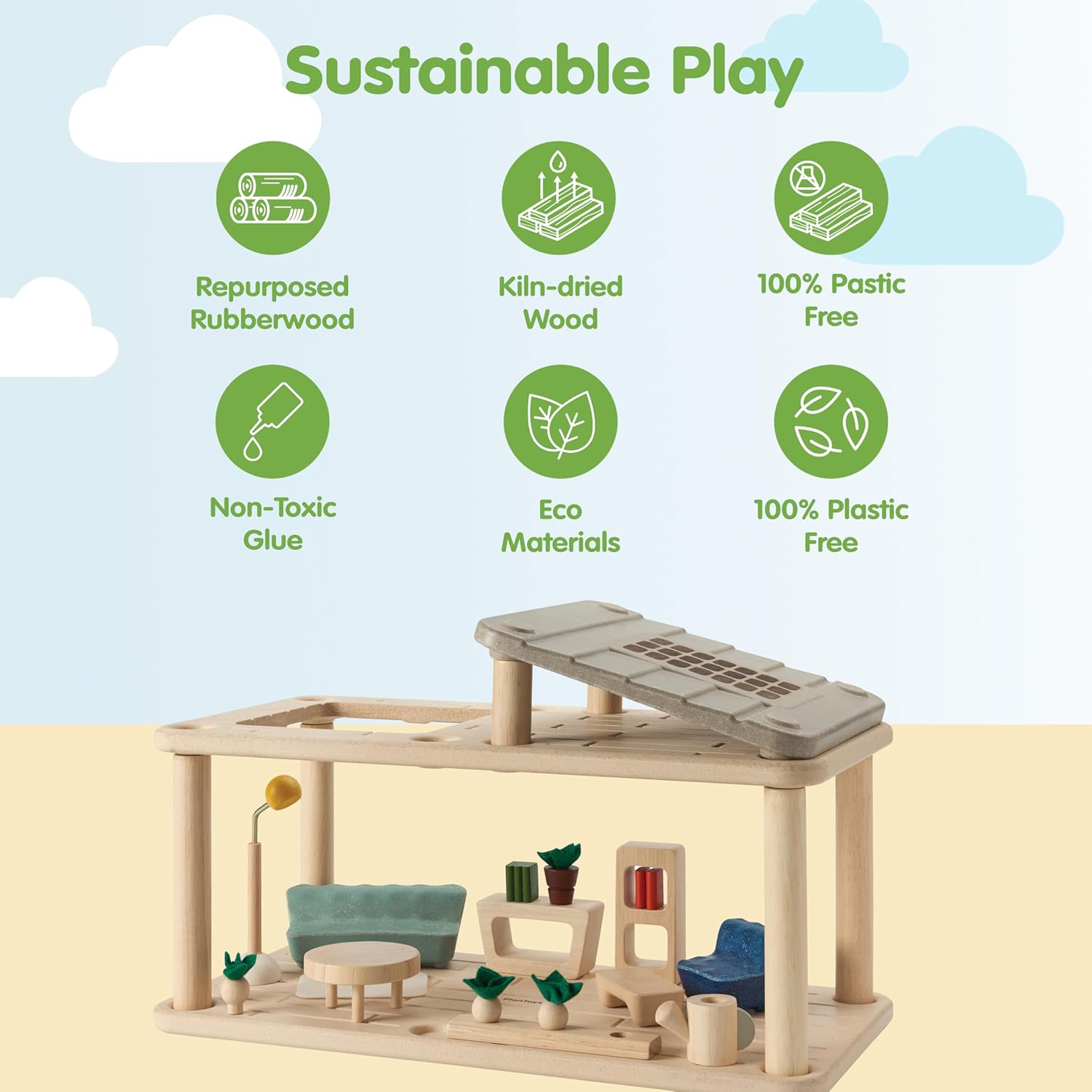 PlanToys® Wooden Dollhouse Gathering Room with Sunroom | Living Room Furniture Set with Sofa, Garden, Lamp & Accessories | Open Ended Role Play Space for Dollhouse Expansion