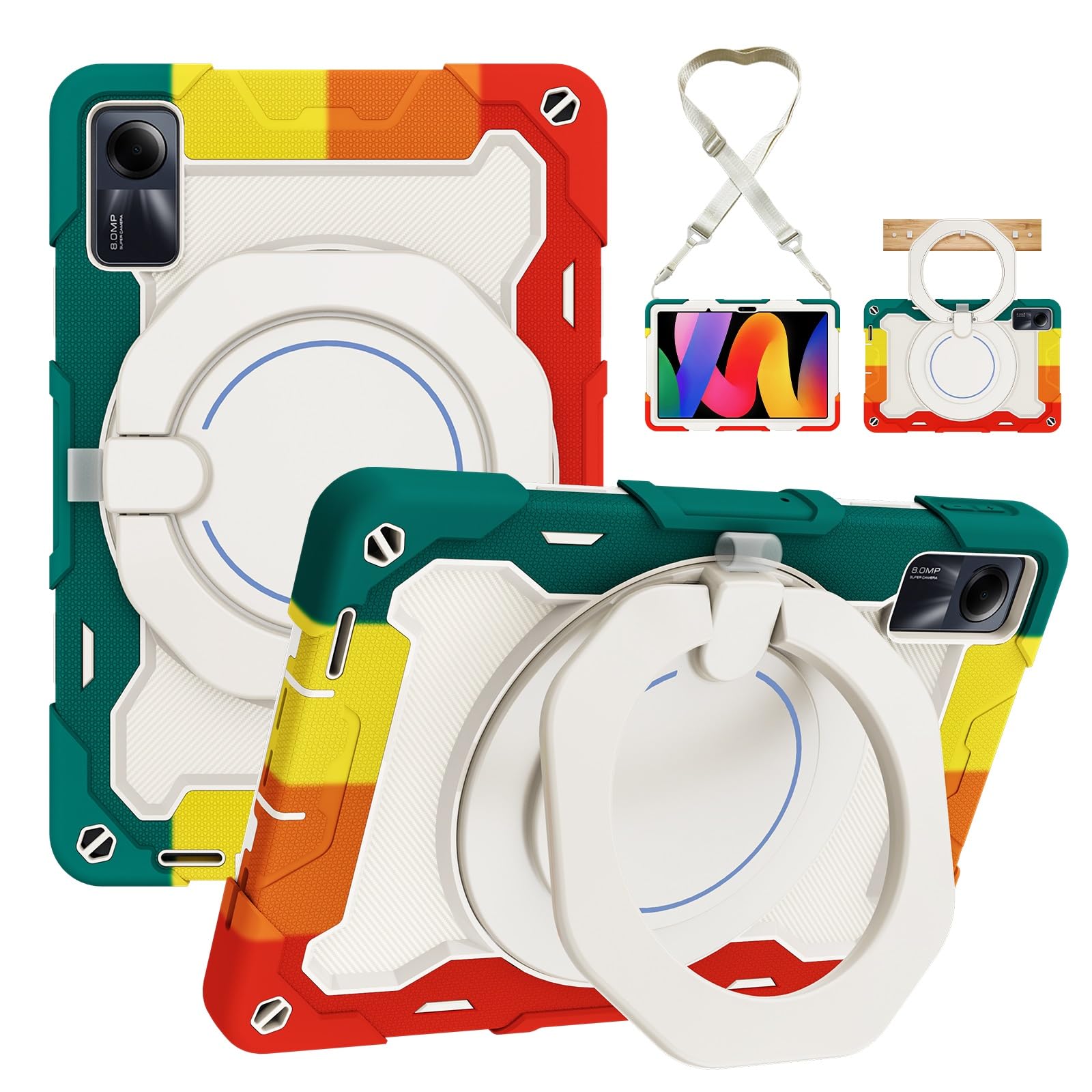 Custodia protettiva resistente per Xiaomi Redmi Pad SE 11" 2023, supporto rotante a 360°, tracolla, portapenne e anello per impugnatura, copertura antiurto, per bambini e adulti (rosso verde)