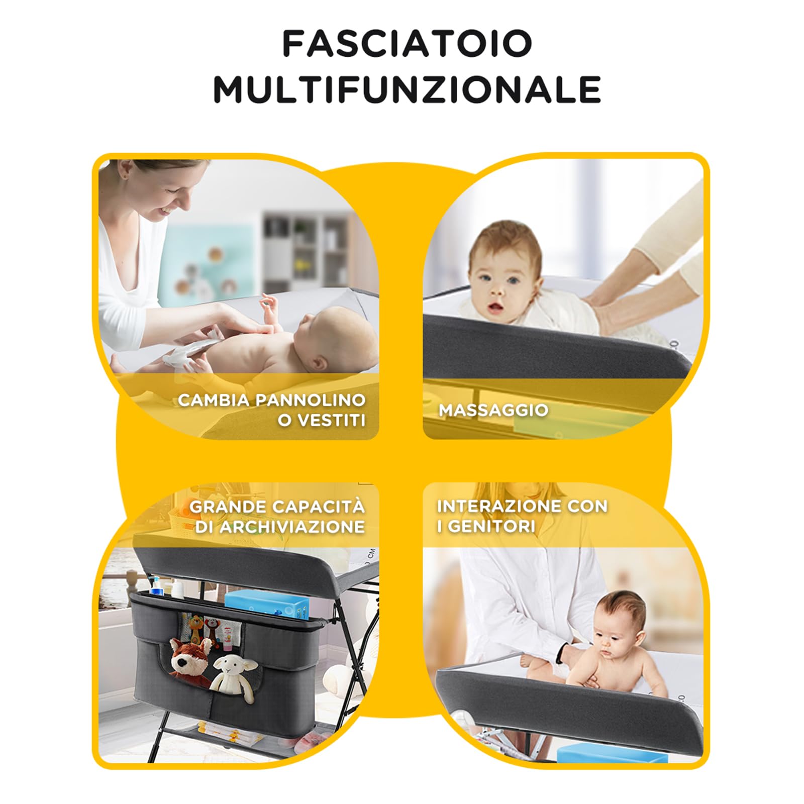 COSTWAY Fasciatoio Pieghevole Portatile, Bagnetto Cambio Pannolini per Bambini Neonati, con Ruote e Vaschetta, Altezza Regolabile 79.5x66x97-101 cm (Grigio)