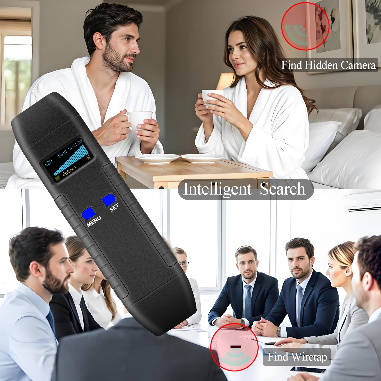 Wanzen Detektor, Kamera Detektor & Finder, RF Scanner, GPS Tracker Finder mit magnetischer Erkennung, 7-in-1 Gerät für Auto, Hotel, Büro, Zuhause und Reisen, Tragbar & Wiederaufladbar