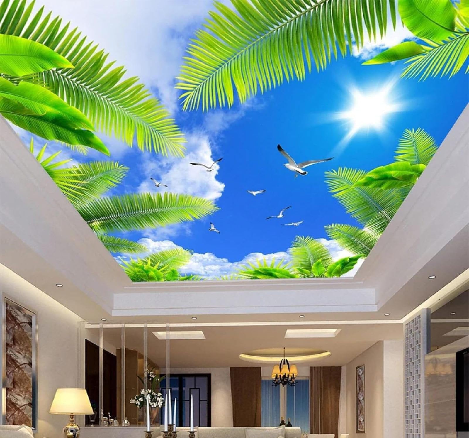 XLMING Blue Sky White Clouds Green Leaves Birds in Flight Landscape 3D Wallpaper Luxury Home Dining Decor Paste Sofa Living Room The Wall for Bedroom Mural-430cm×300cm