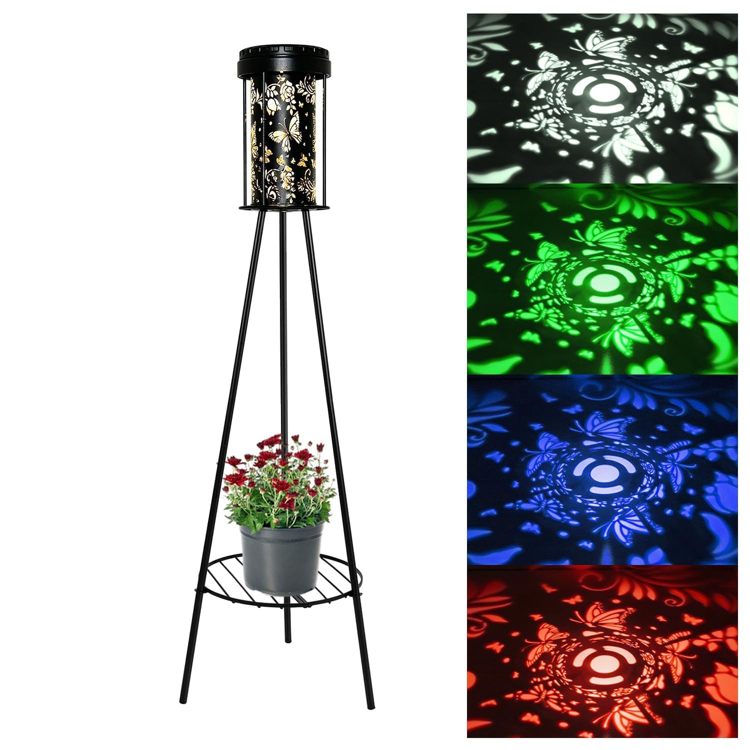 Solar Powered Floor Lamp with Shelf 1 Pack, USB-C Charging, RGB 5 Modes &amp; 3000K Warm White, Butterfly Projection, IP44 Waterproof Metal Light for Porch Walkway Patio Garden Entryway Decor