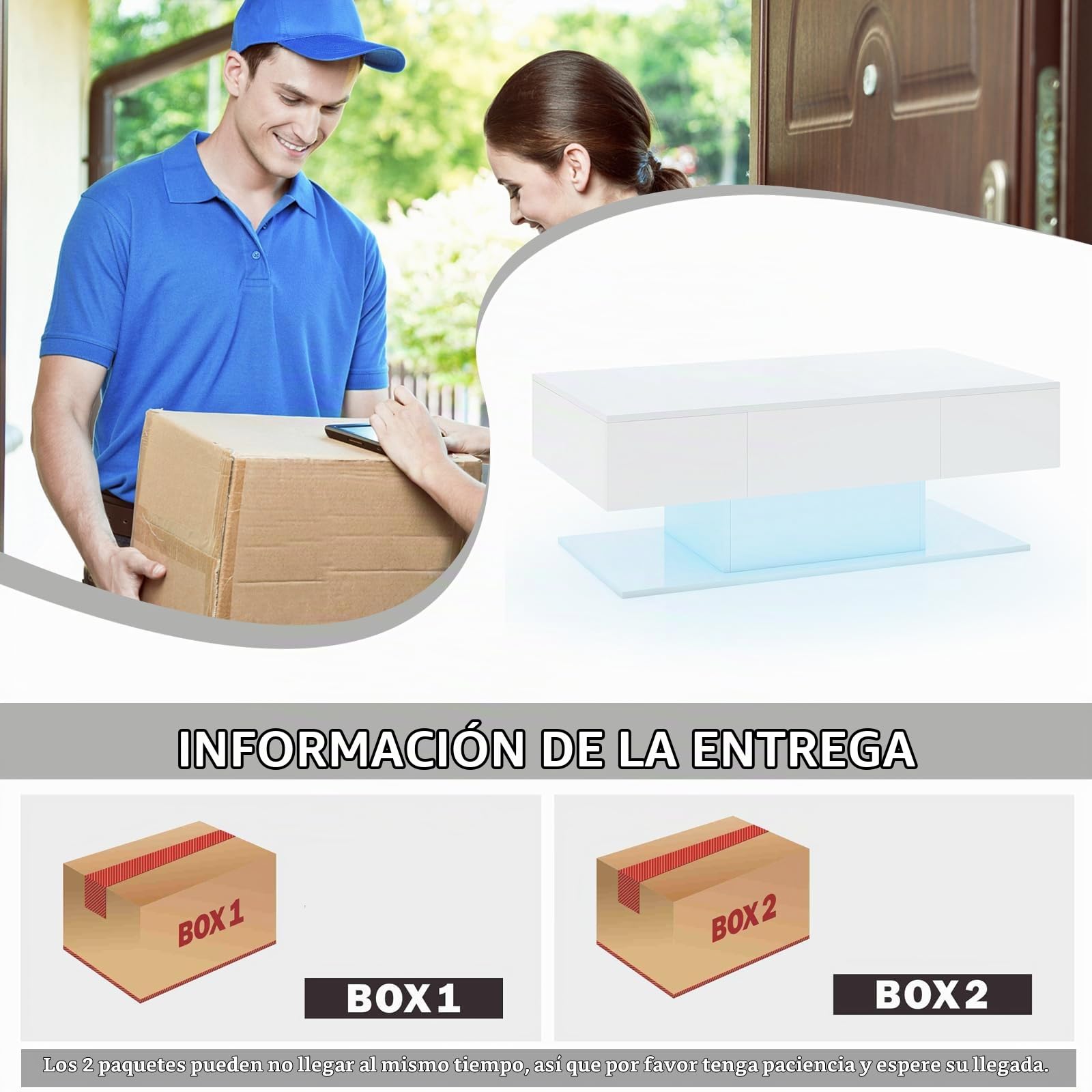LIFEZEAL Mesa de Centro con LED, Mesa de salón Alto Brillo con Tira de luz y Mando a Distancia, Mesa de café Moderna con 2 cajones, Mesa Centro Iluminado para salón, Oficina (Blanco)