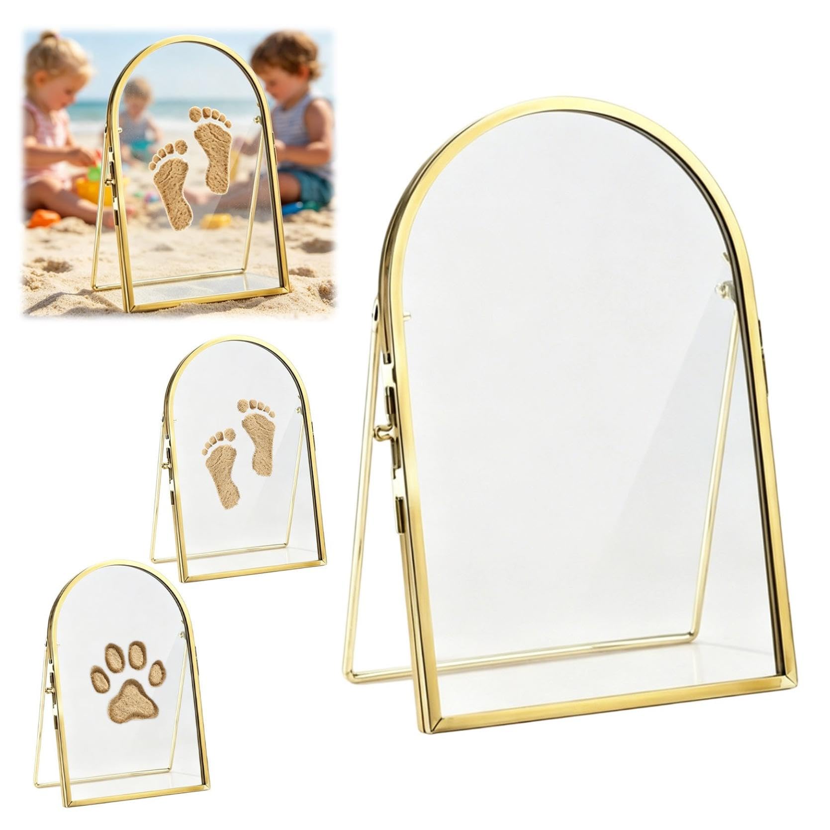 Marco de recuerdo para huellas de manos de bebés y mascotas, pantalla de vidrio de doble cara, soporte de mesa de metal, regalo creativo para recuerdos familiares