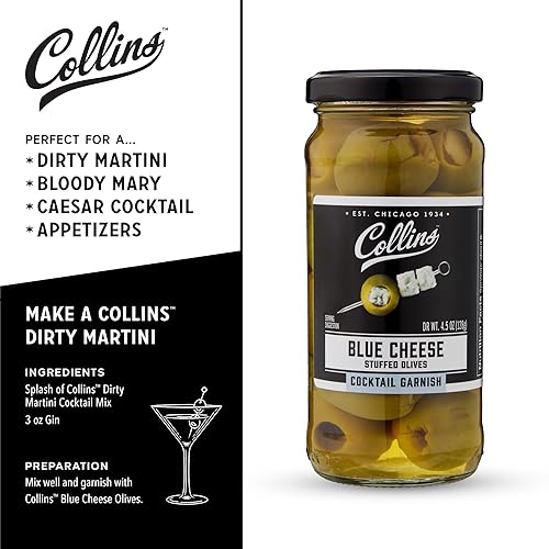 Miniatura 3 de Collins Gourmet Aceitunas de Queso Azul, Guarnición Premium Rellena de Queso para Cócteles, Martinis, Bloody Marys, Bandejas de Aperitivos,
