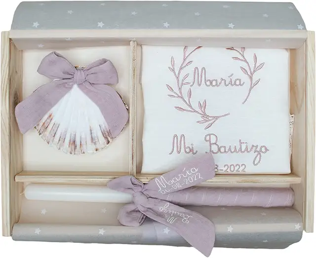Kit de Lujo para Bautizo Personalizado - Vela, Pañuelo y Concha en Caja de Madera Grabada